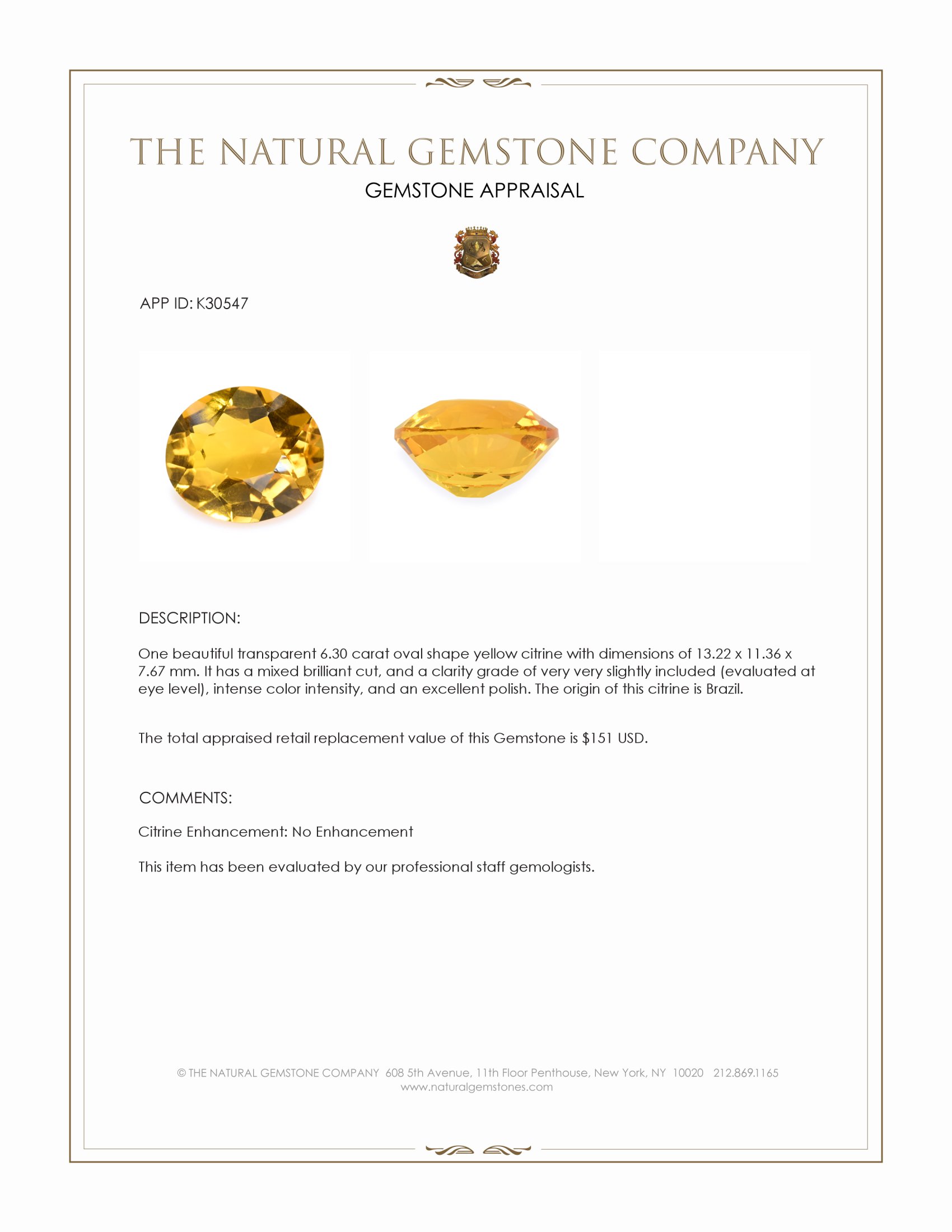 6.30 Ct. Yellow Citrine from Brazil