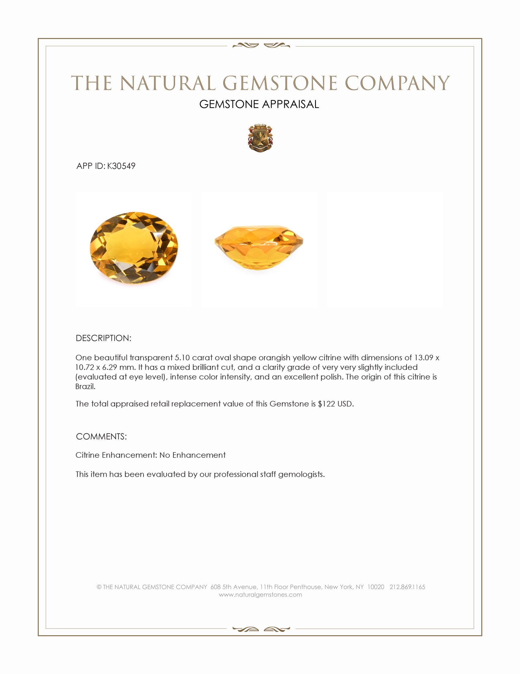 5.10 Ct. Orangish Yellow Citrine from Brazil