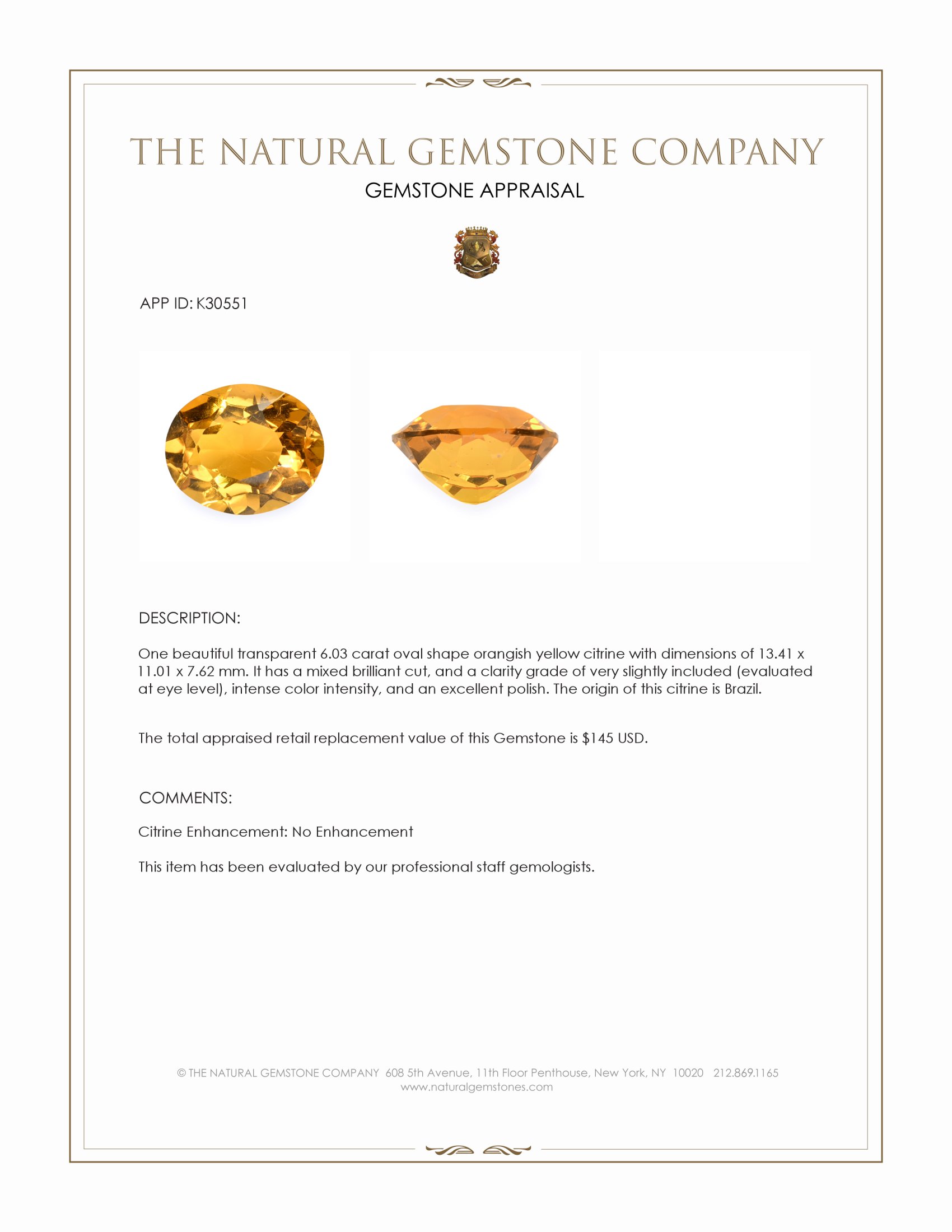 6.03 Ct. Orangish Yellow Citrine from Brazil