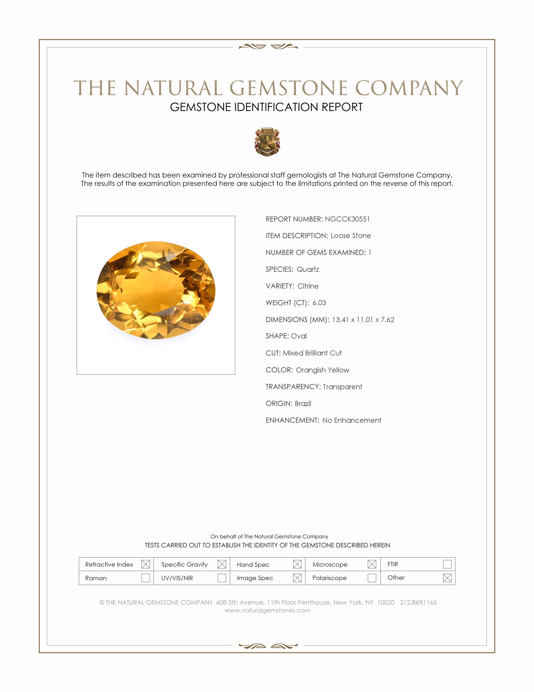 6.03 Ct. Orangish Yellow Citrine from Brazil