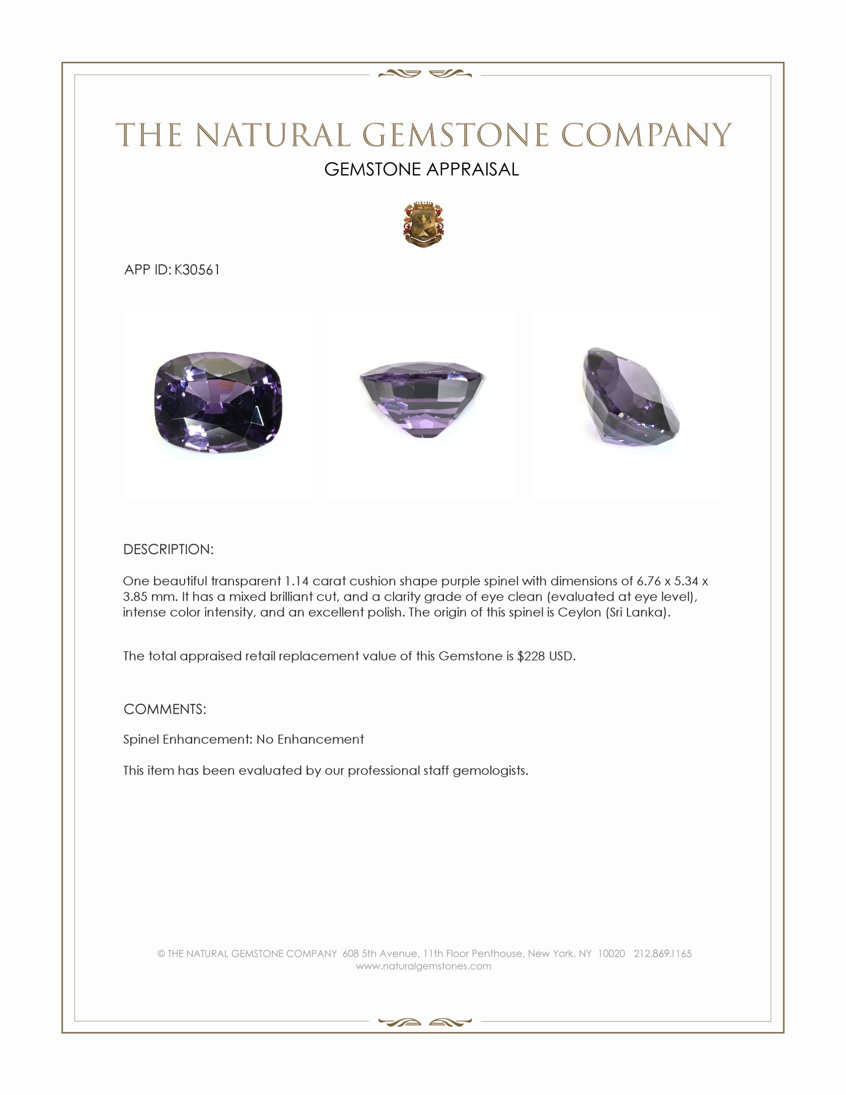 1.14 Ct. Purple Spinel from Ceylon (Sri Lanka)
