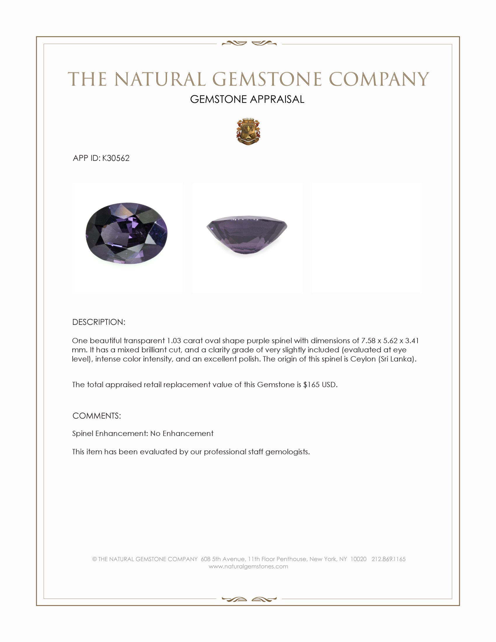 1.03 Ct. Purple Spinel from Ceylon (Sri Lanka)