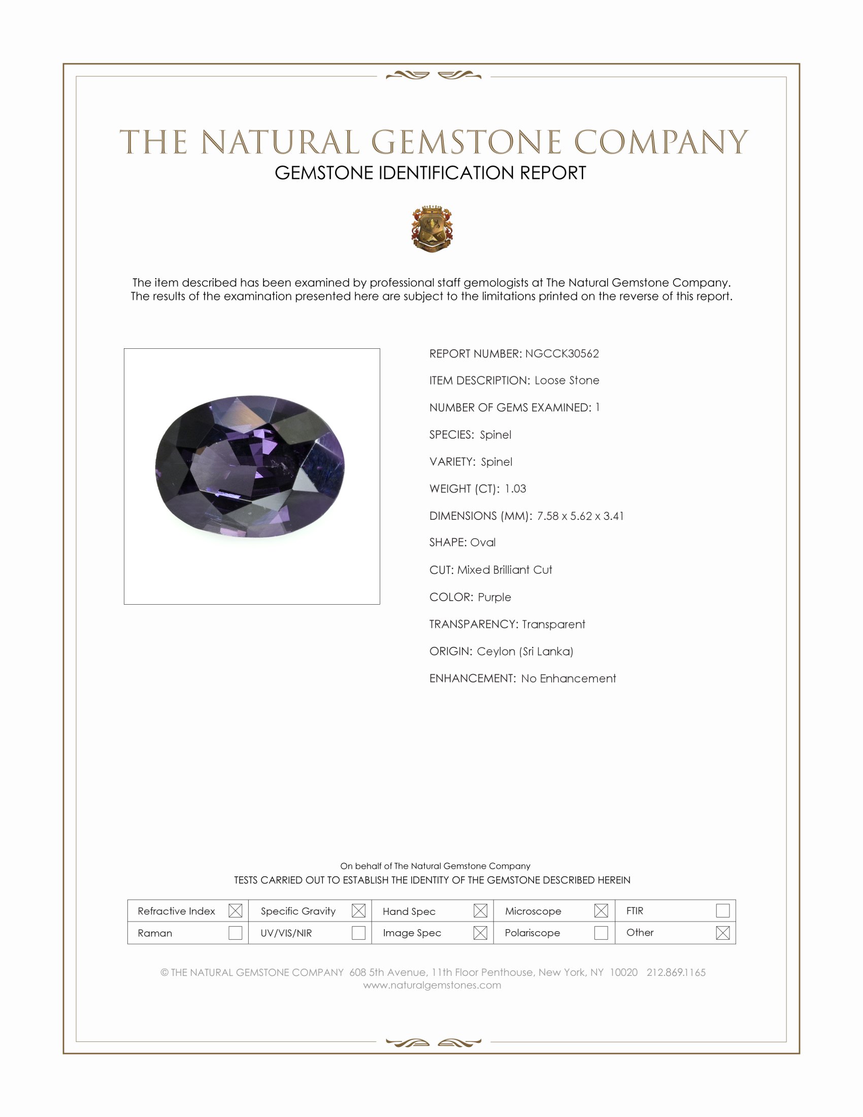 1.03 Ct. Purple Spinel from Ceylon (Sri Lanka)