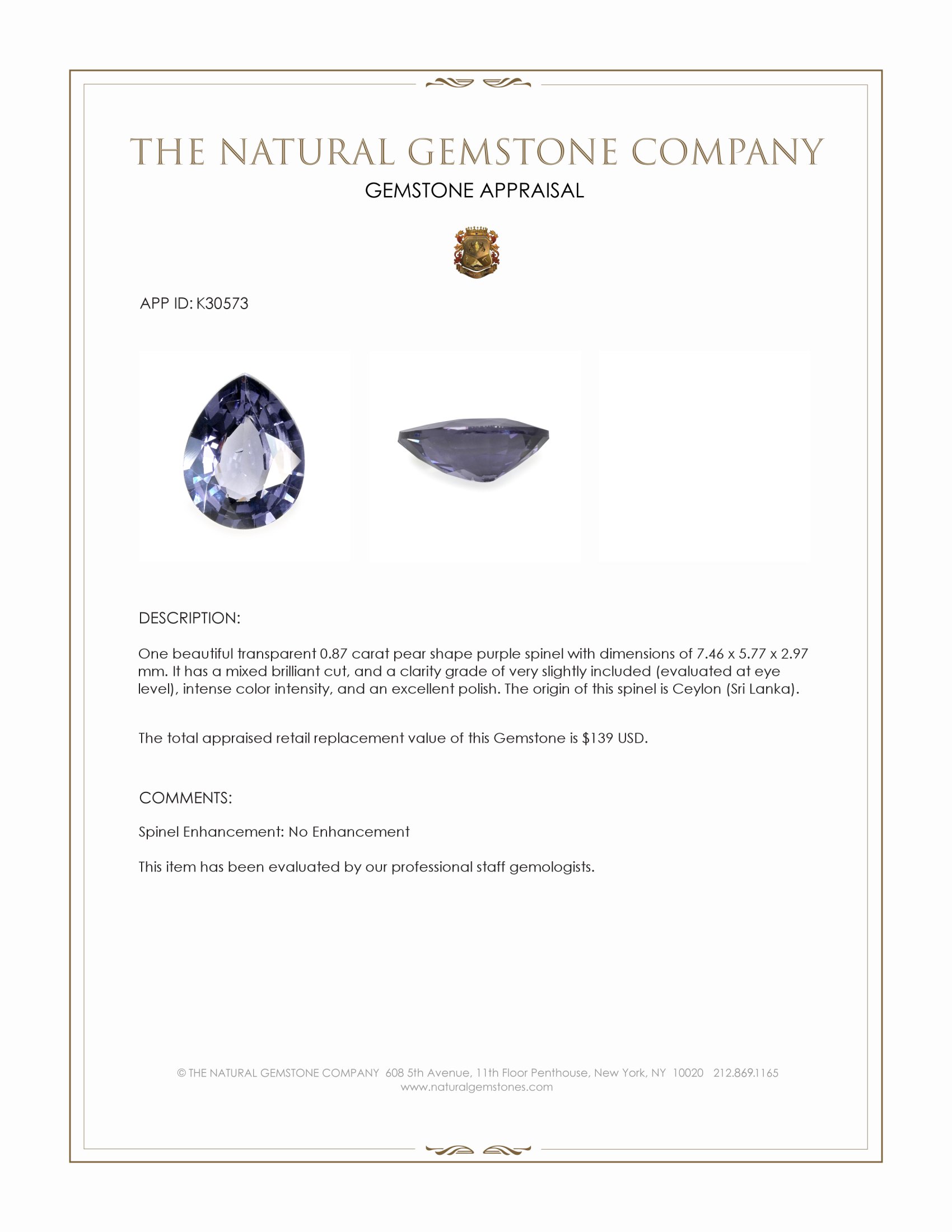 0.87 Ct. Purple Spinel from Ceylon (Sri Lanka)