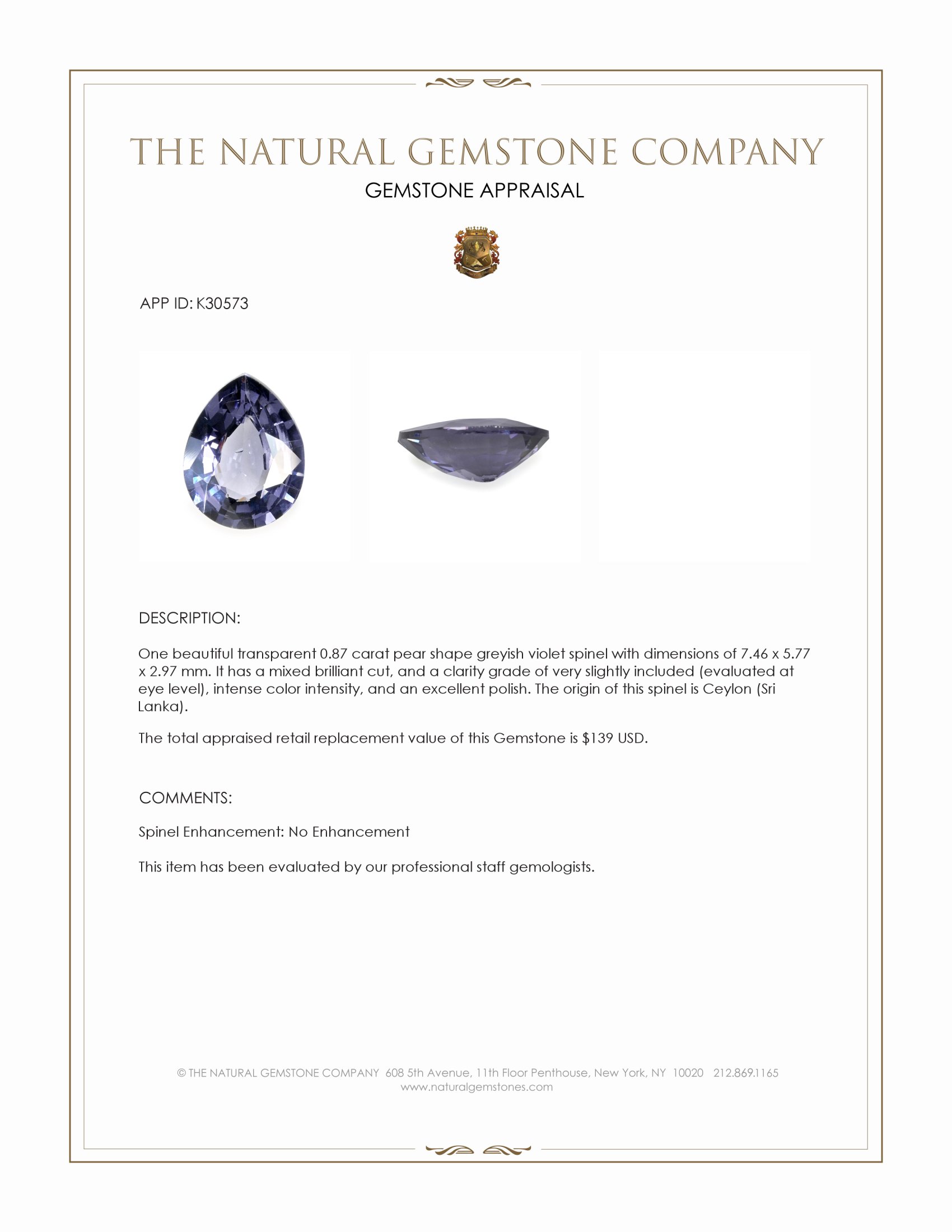 0.87 Ct. Greyish Violet Spinel from Ceylon (Sri Lanka)