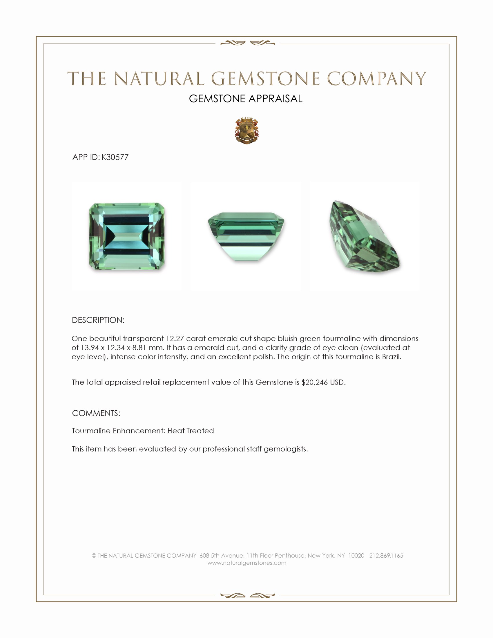 12.27 Ct. Bluish Green Tourmaline from Brazil