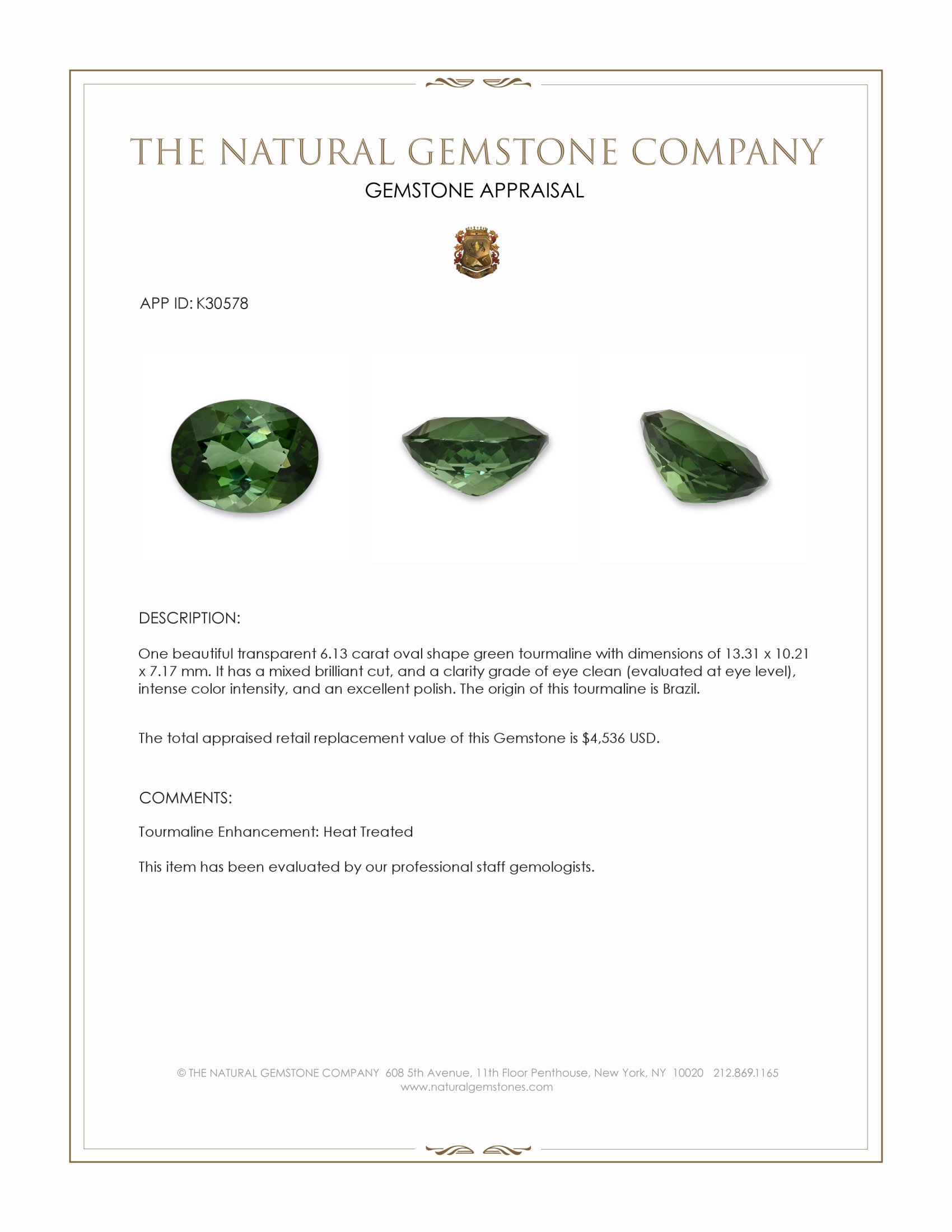 6.13 Ct. Green Tourmaline from Brazil