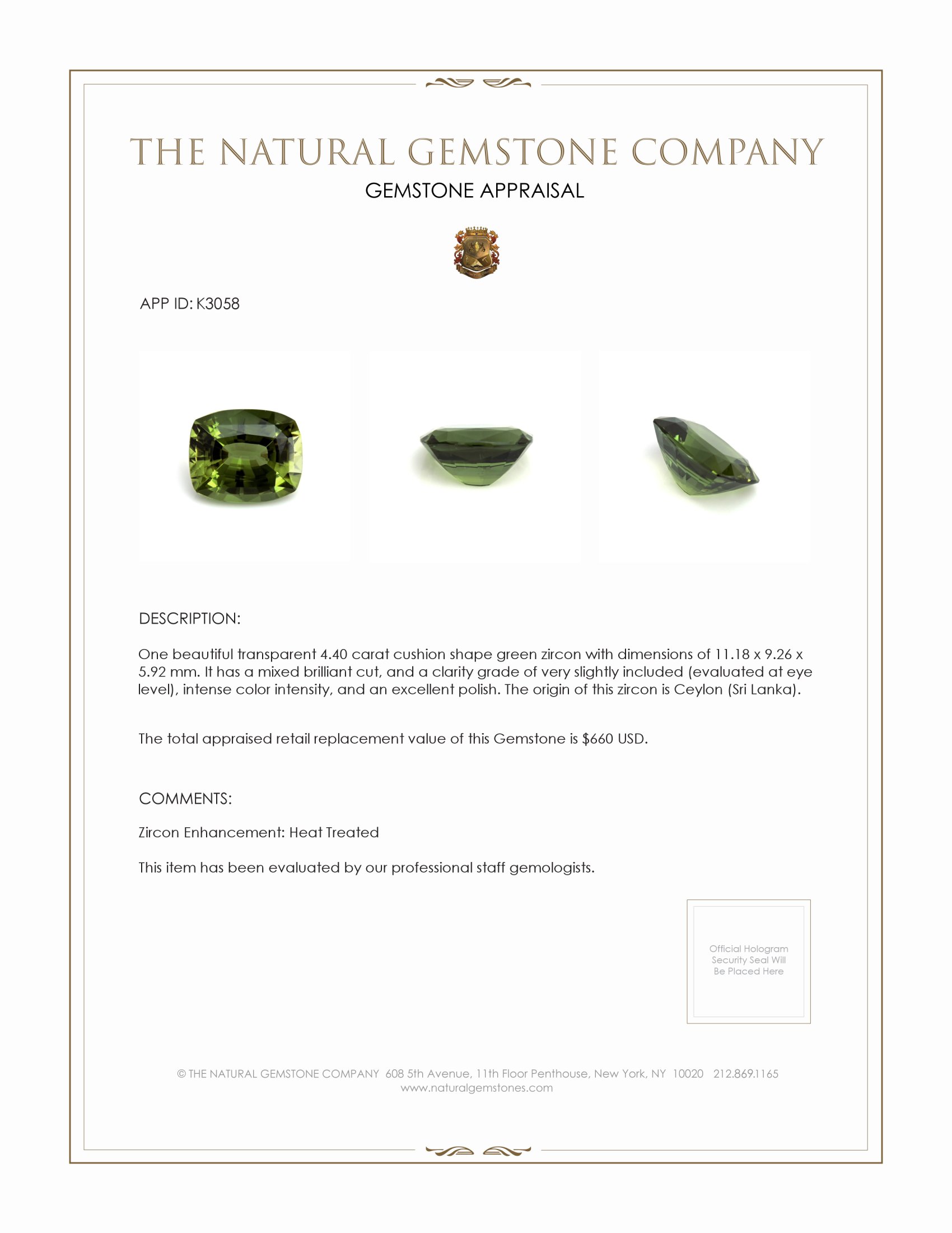 4.40 Ct. Green Zircon from Ceylon (Sri Lanka)