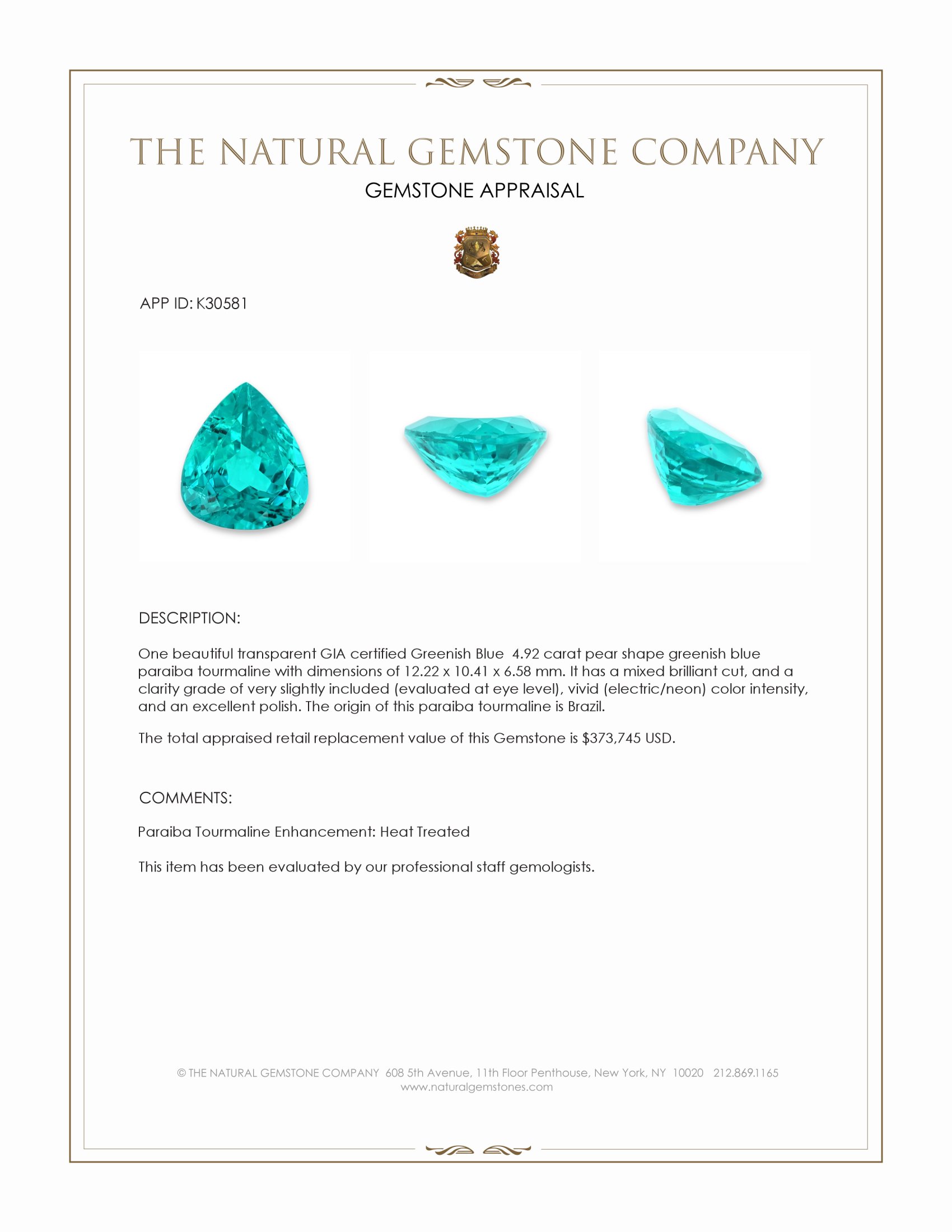 4.92 Ct. Greenish Blue Paraiba Tourmaline from Brazil