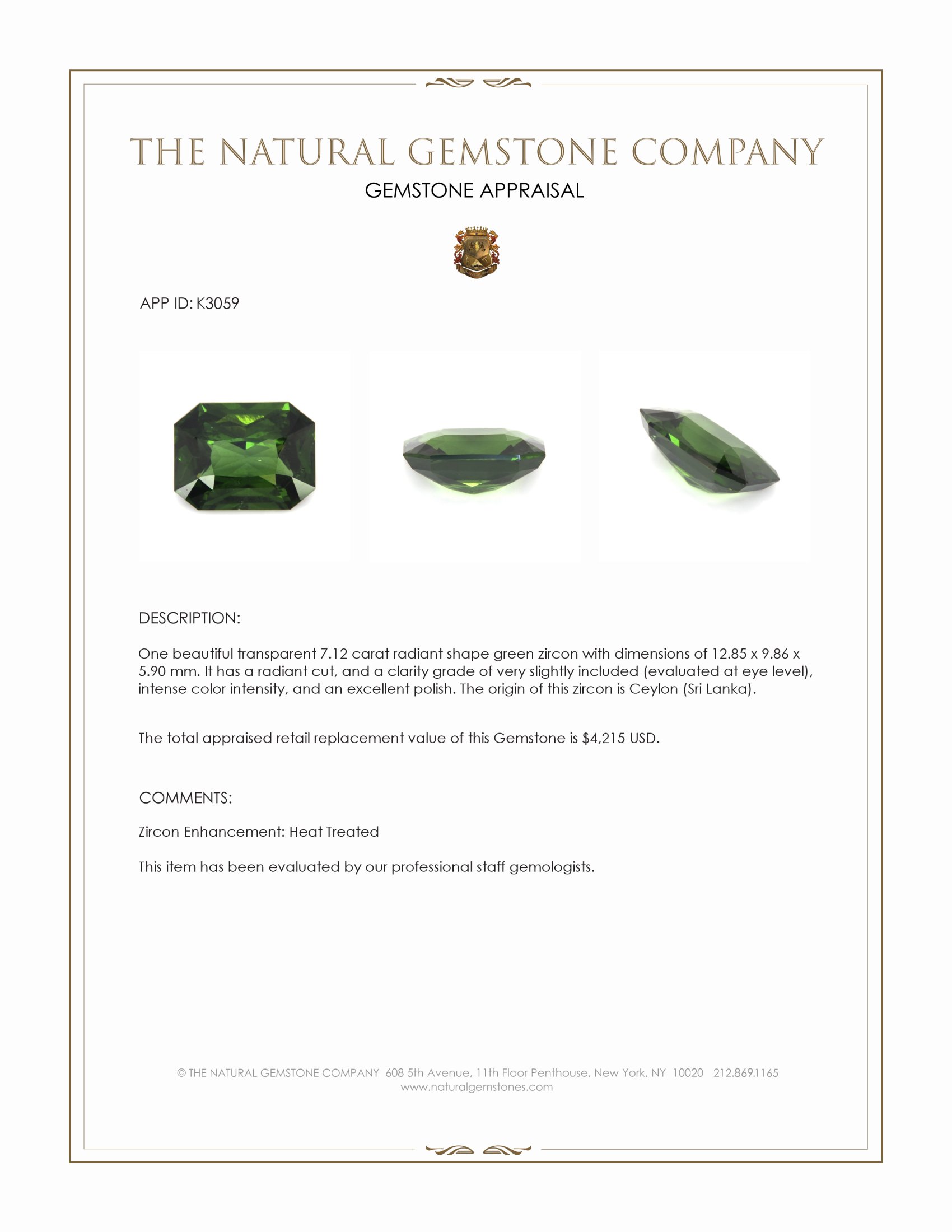 7.12 Ct. Green Zircon from Ceylon (Sri Lanka)