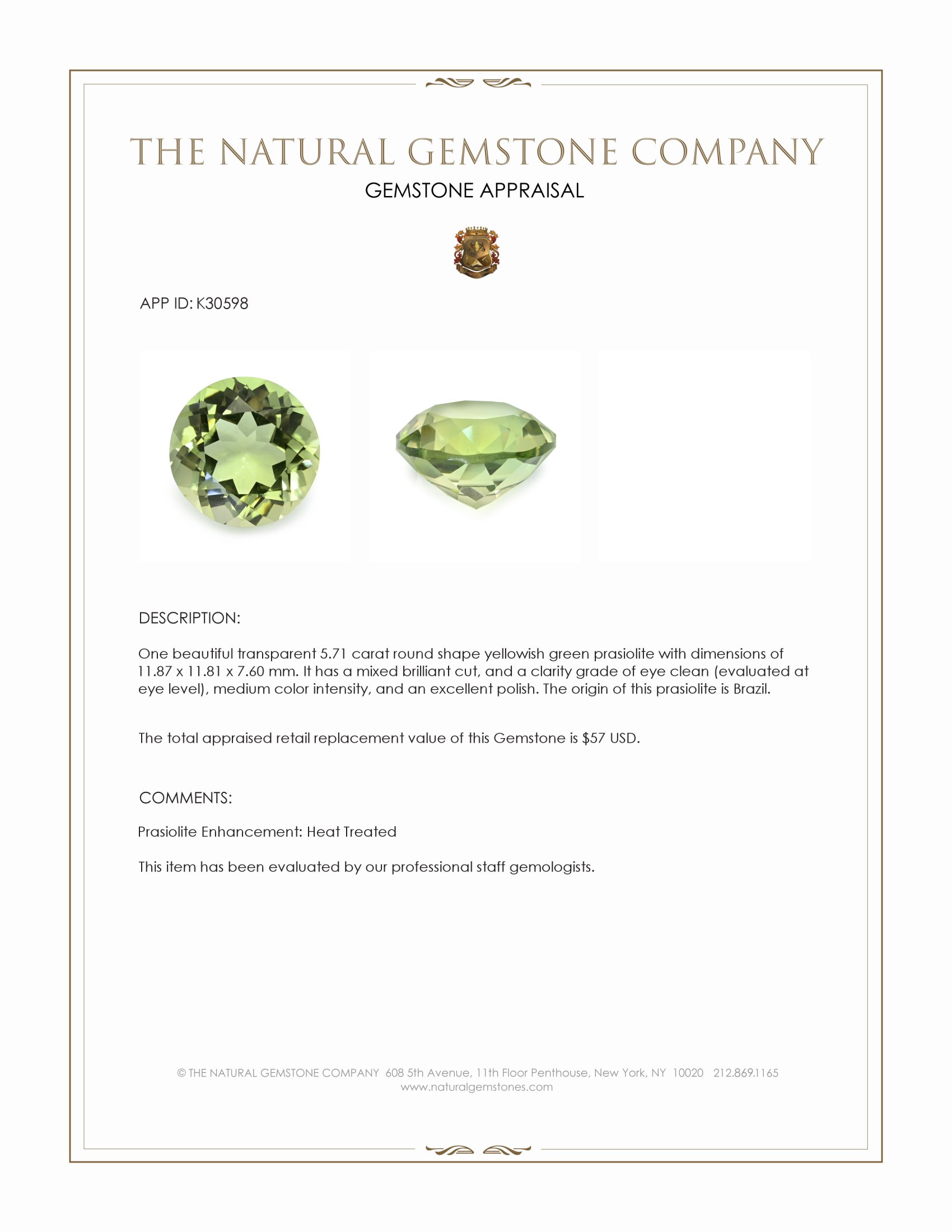 5.71 Ct. Yellowish Green Prasiolite from Brazil