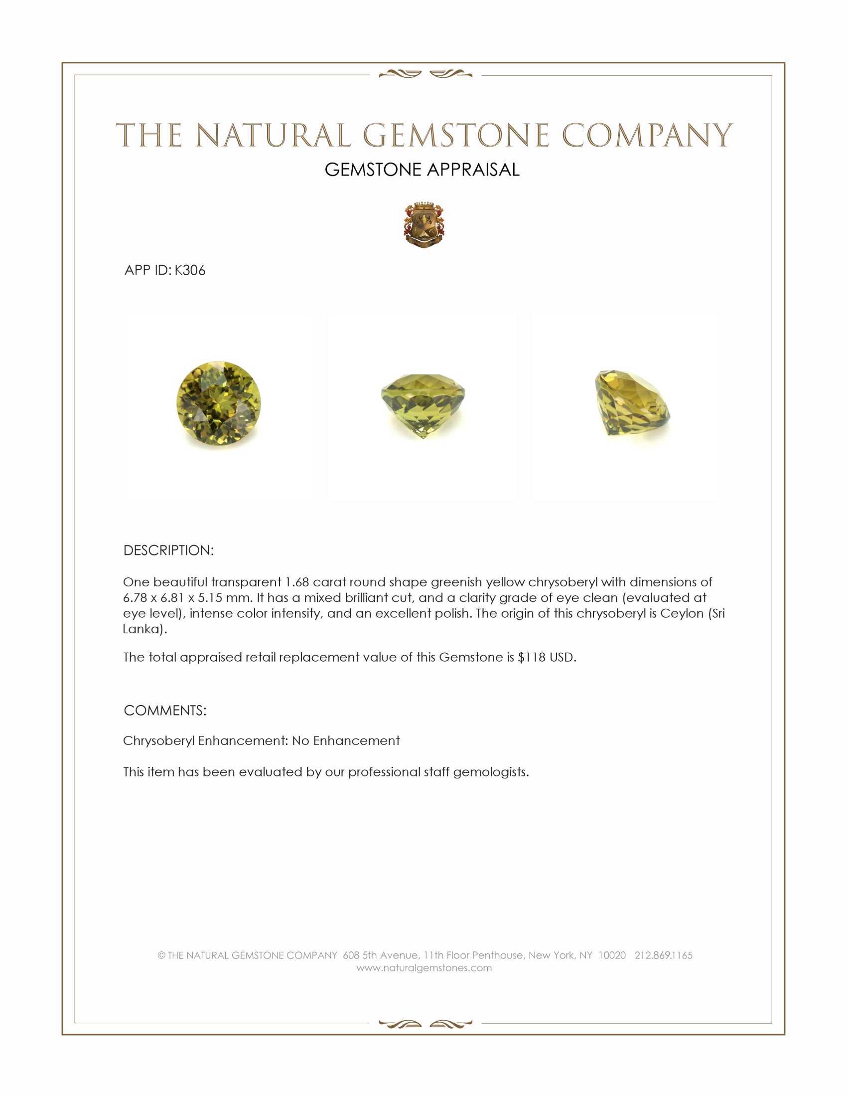 1.68 Ct. Greenish Yellow Chrysoberyl from Ceylon (Sri Lanka)