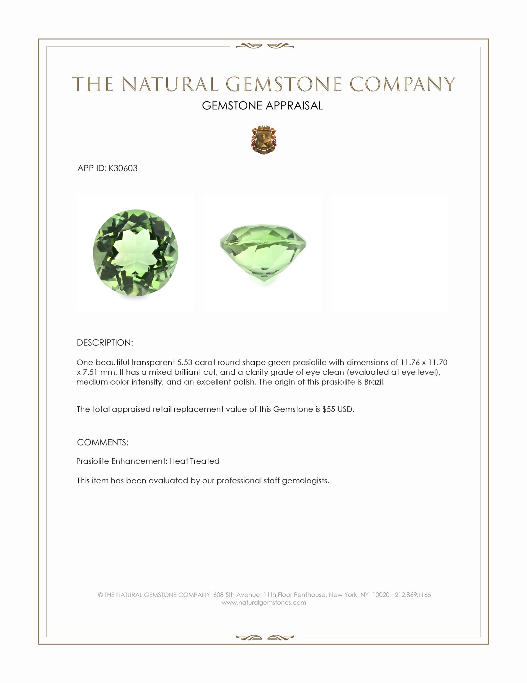 5.53 Ct. Green Prasiolite from Brazil