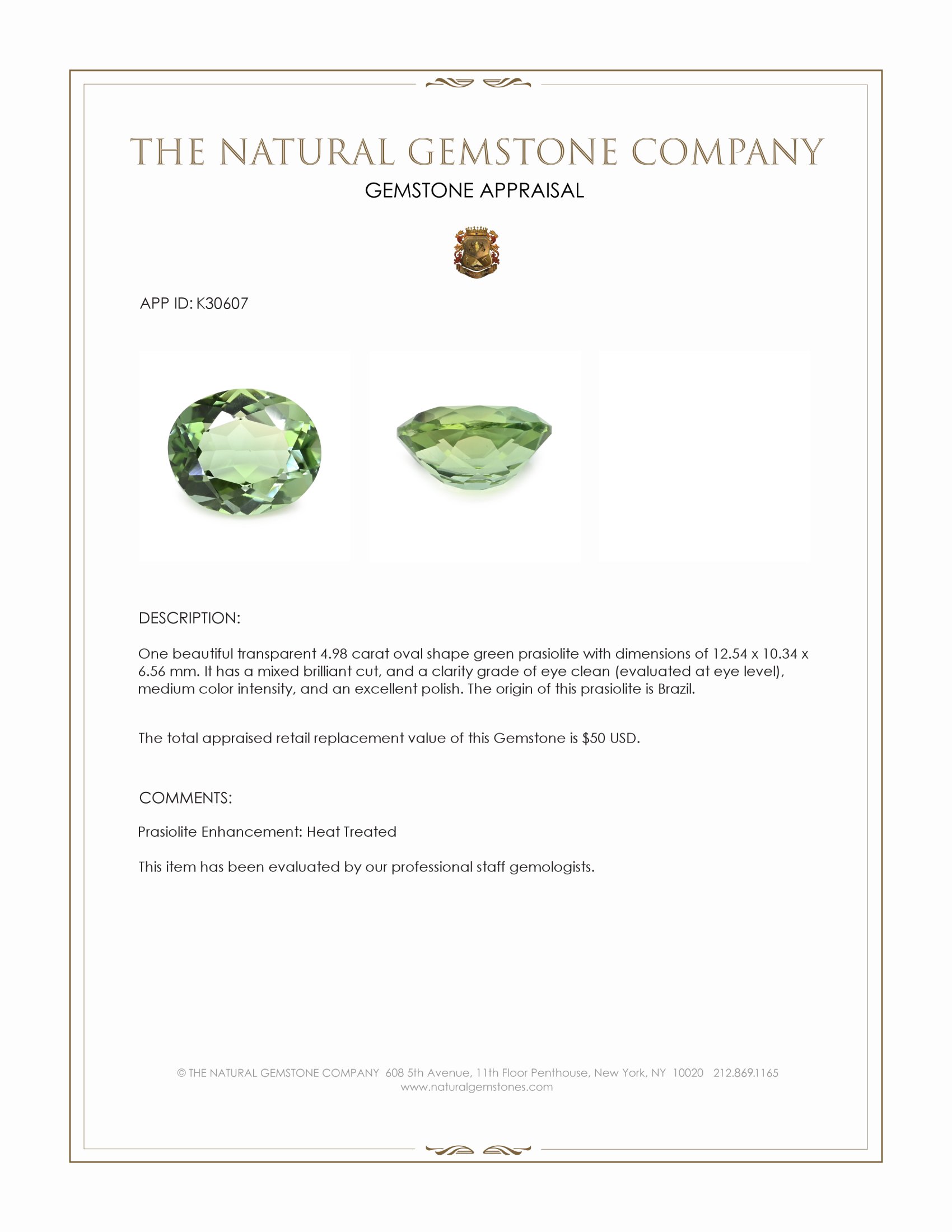 4.98 Ct. Green Prasiolite from Brazil
