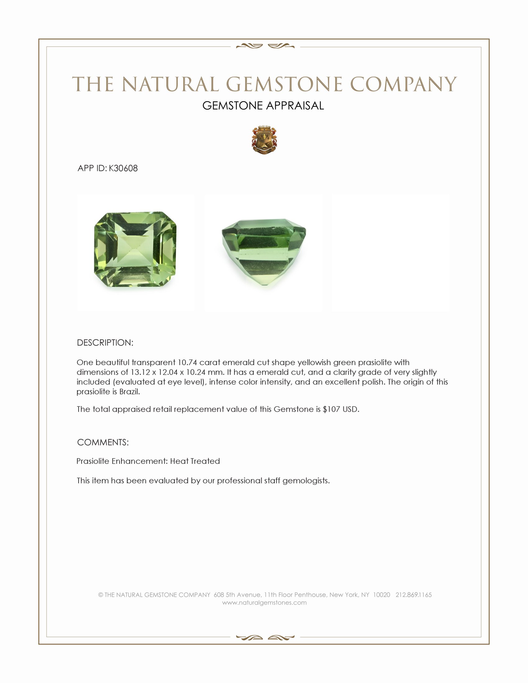 10.74 Ct. Yellowish Green Prasiolite from Brazil