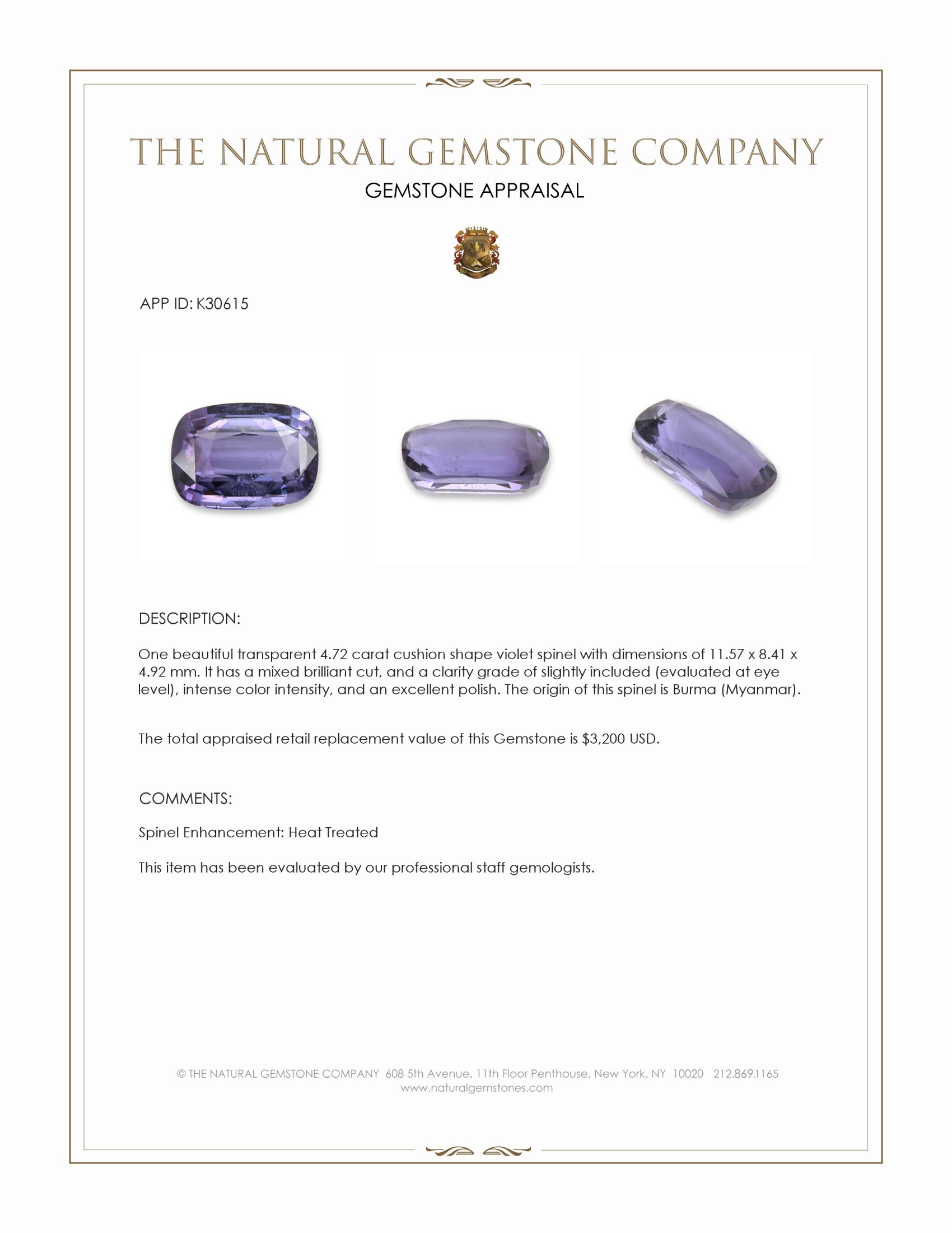 4.72 Ct. Violet Spinel from Burma (Myanmar)