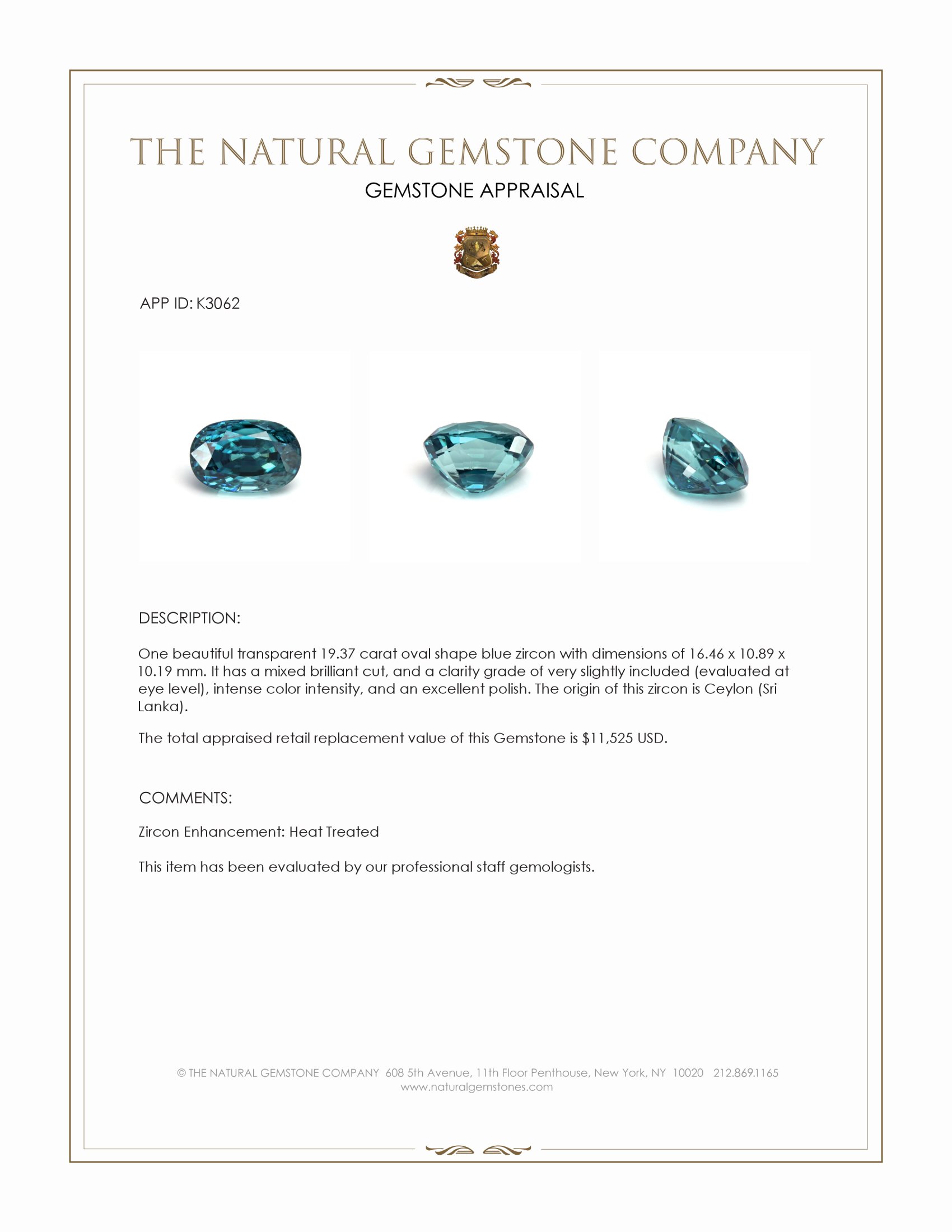 19.37 Ct. Blue Zircon from Ceylon (Sri Lanka)