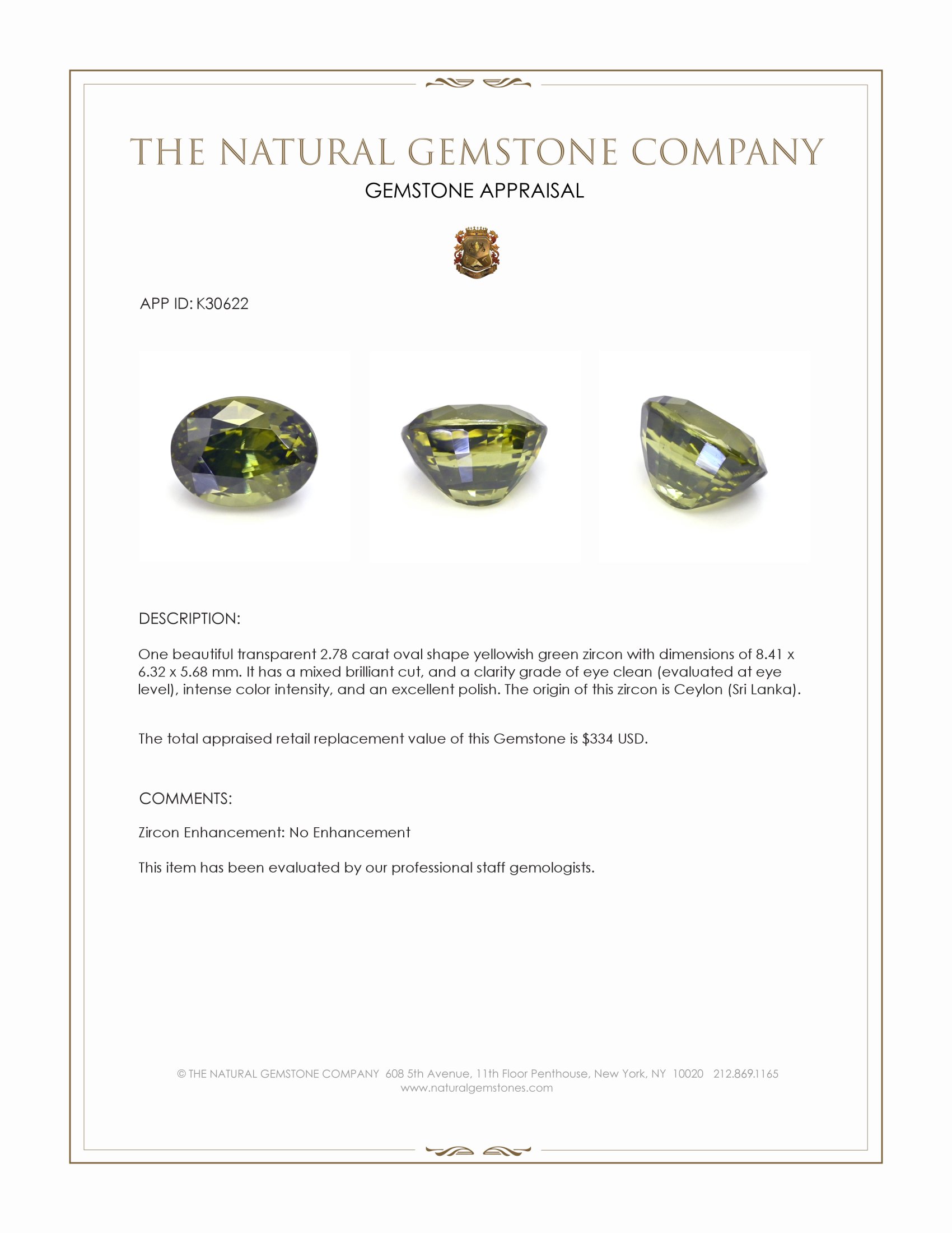 2.78 Ct. Yellowish Green Zircon from Ceylon (Sri Lanka)