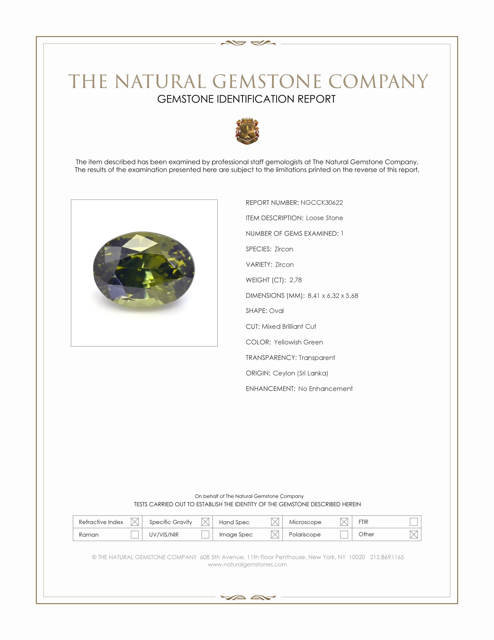 2.78 Ct. Yellowish Green Zircon from Ceylon (Sri Lanka)