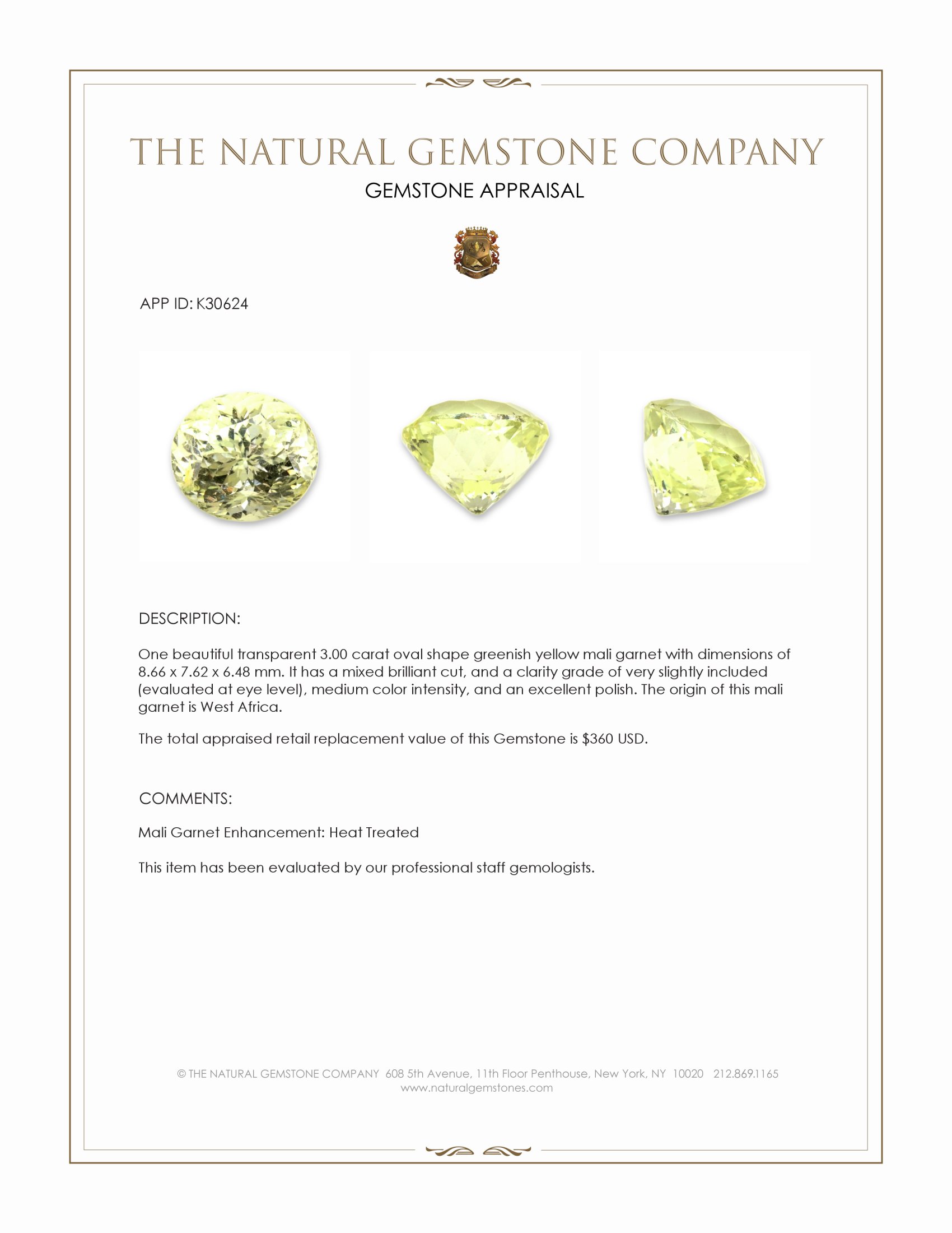 3.00 Ct. Greenish Yellow Mali Garnet from West Africa