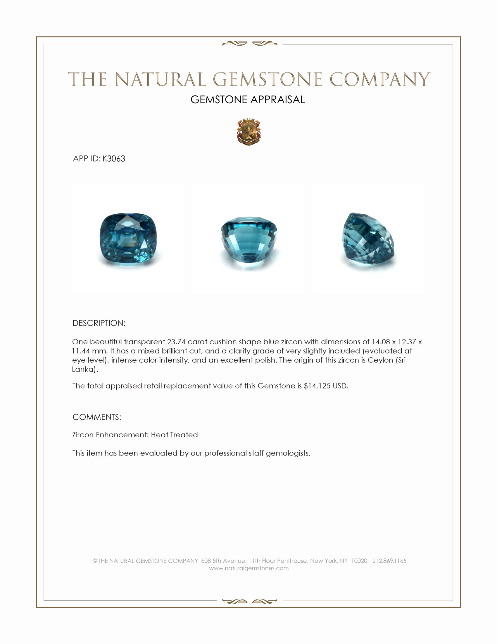 23.74 Ct. Blue Zircon from Ceylon (Sri Lanka)