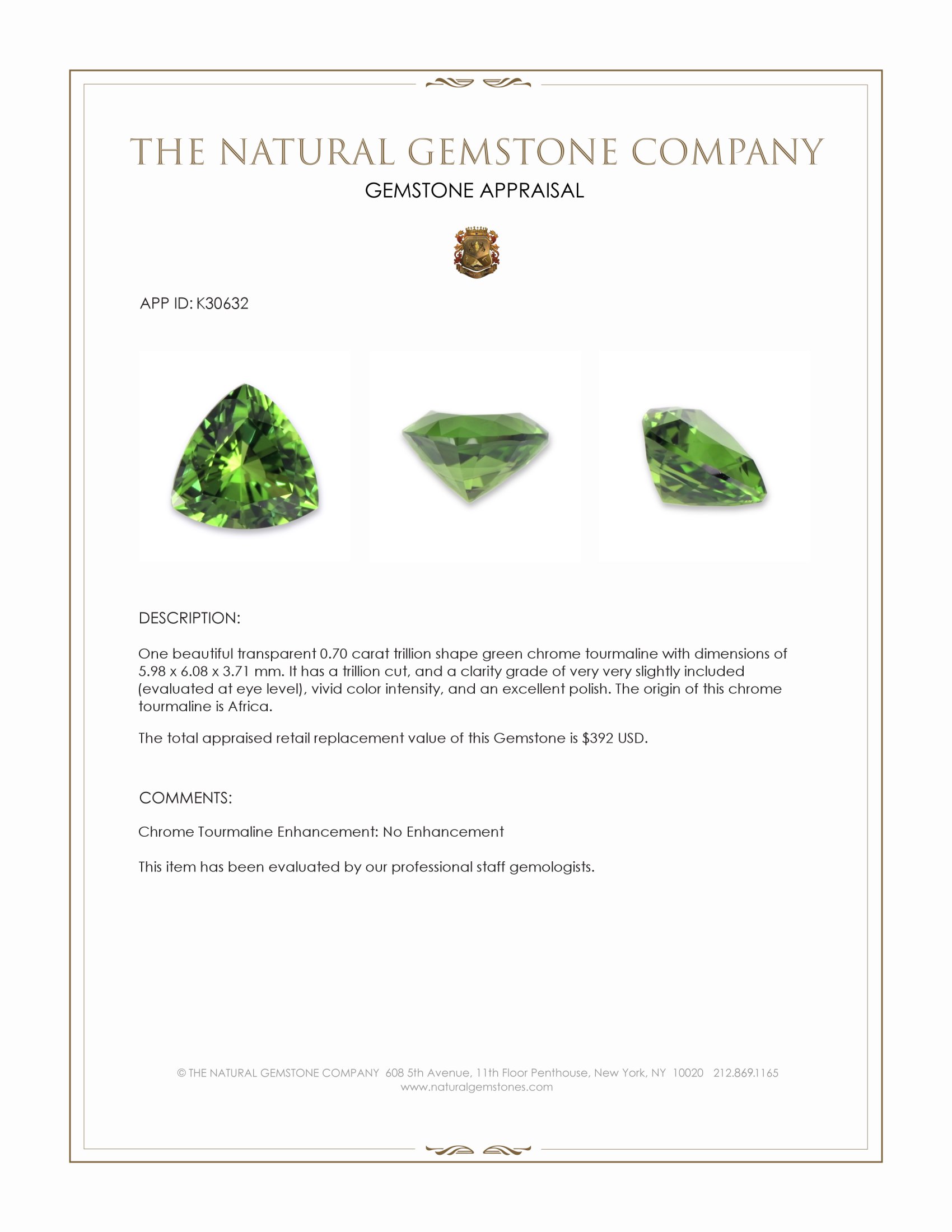 0.70 Ct. Green Chrome Tourmaline from Africa