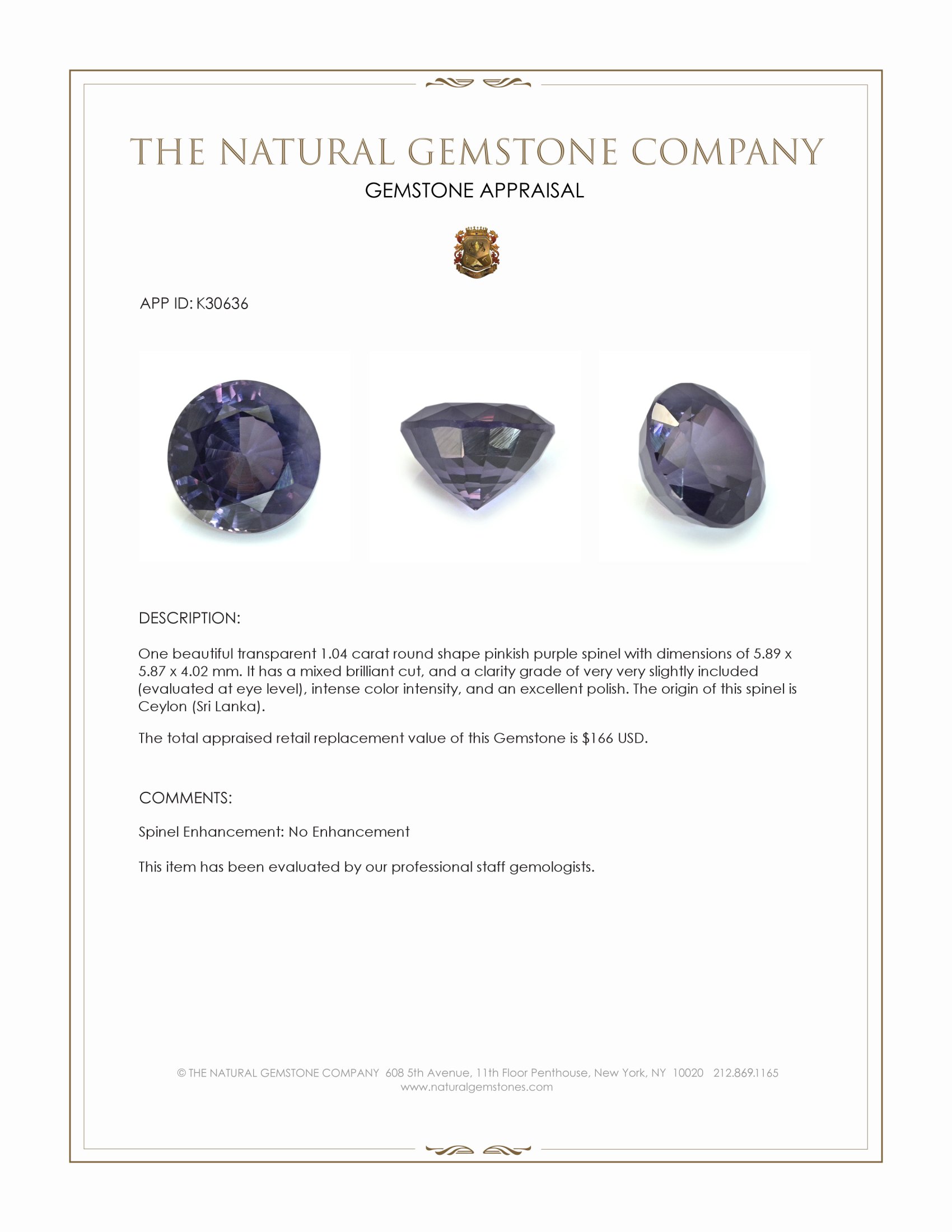 1.04 Ct. Pinkish Purple Spinel from Ceylon (Sri Lanka)