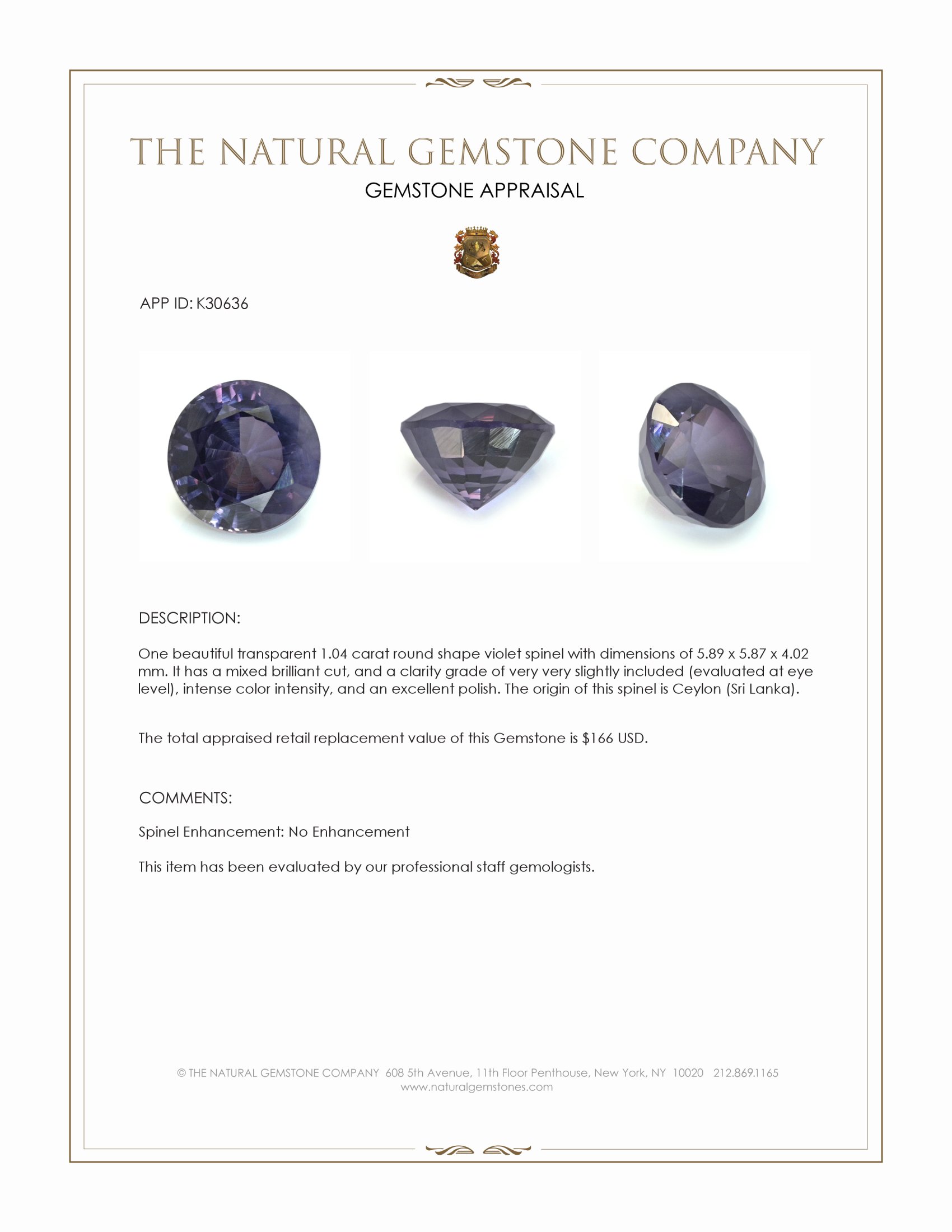 1.04 Ct. Violet Spinel from Ceylon (Sri Lanka)