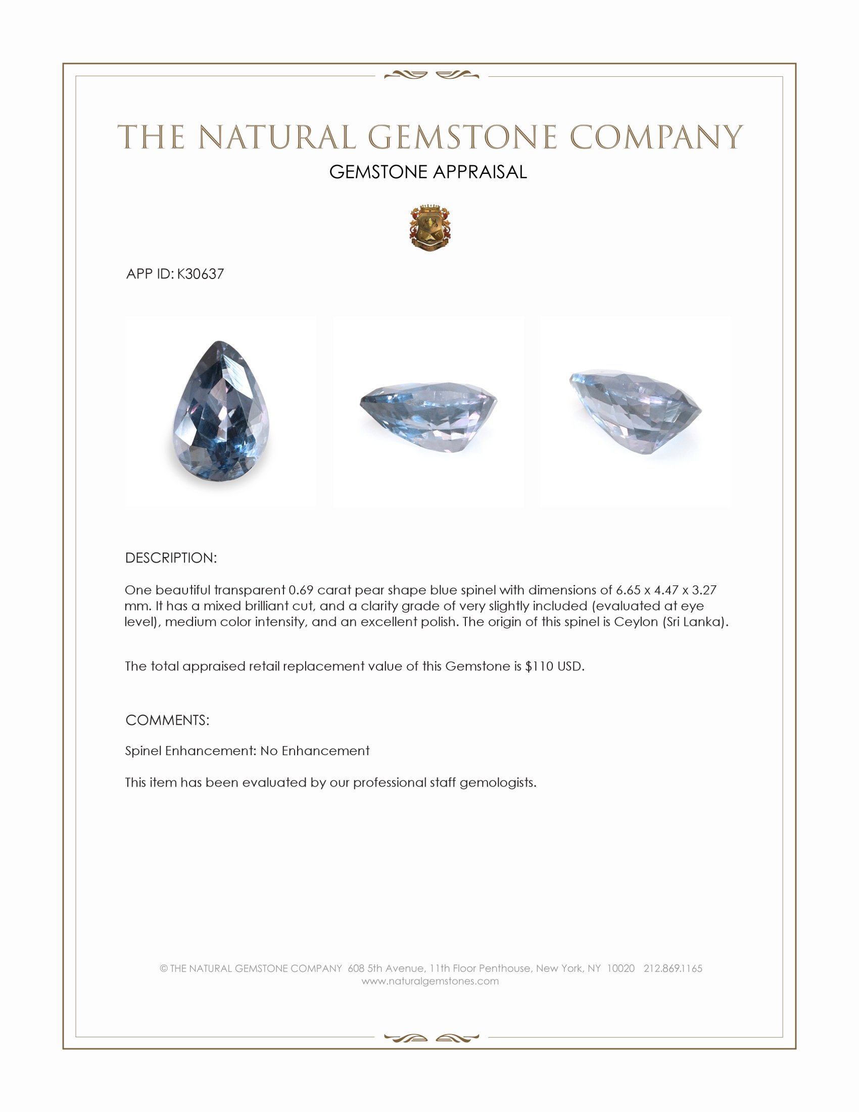 0.69 Ct. Blue Spinel from Ceylon (Sri Lanka)