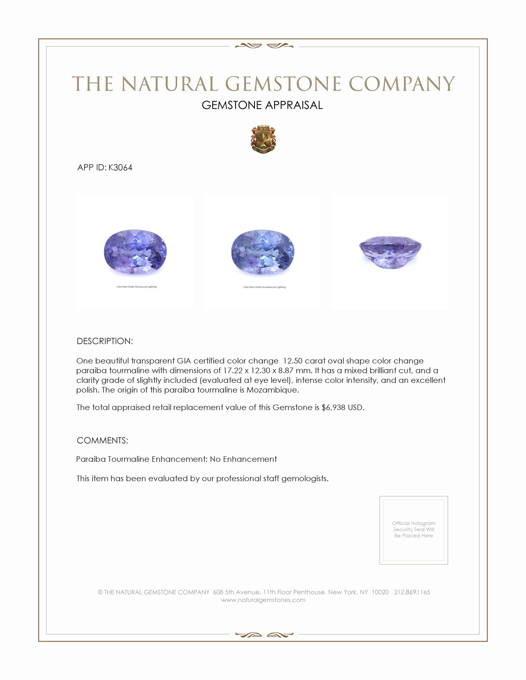 12.50 Ct. Color Change Paraiba Tourmaline from Mozambique