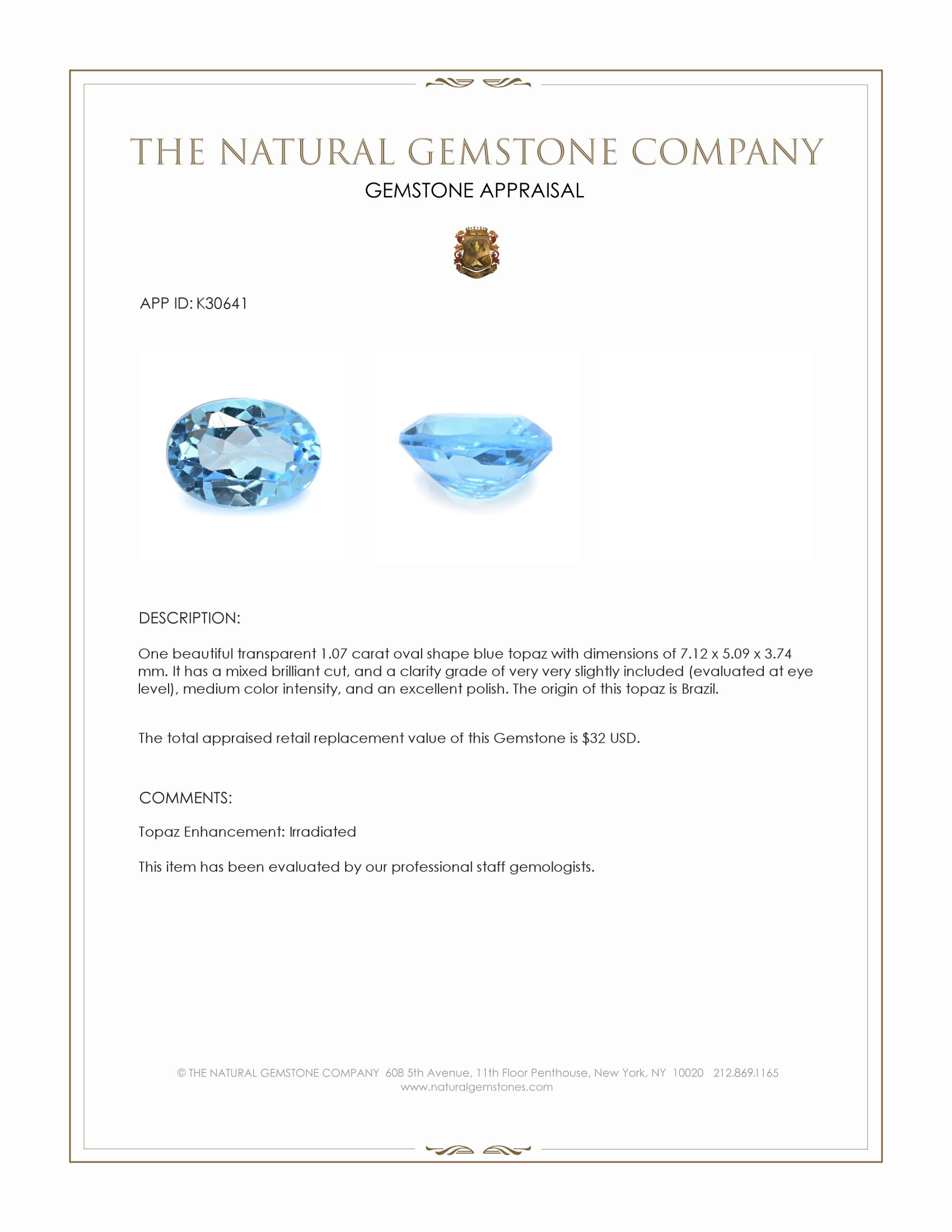 1.07 Ct. Blue Topaz from Brazil