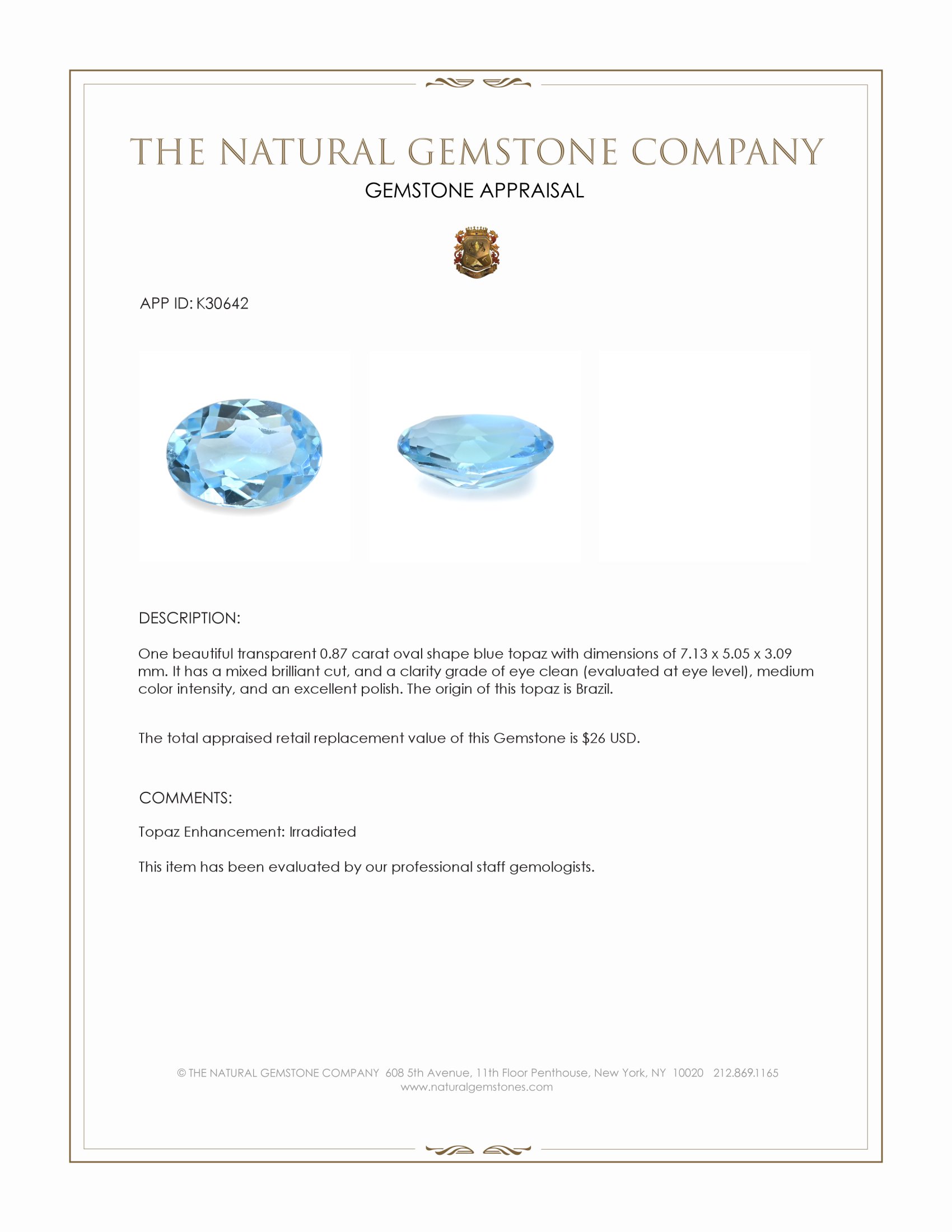 0.87 Ct. Blue Topaz from Brazil