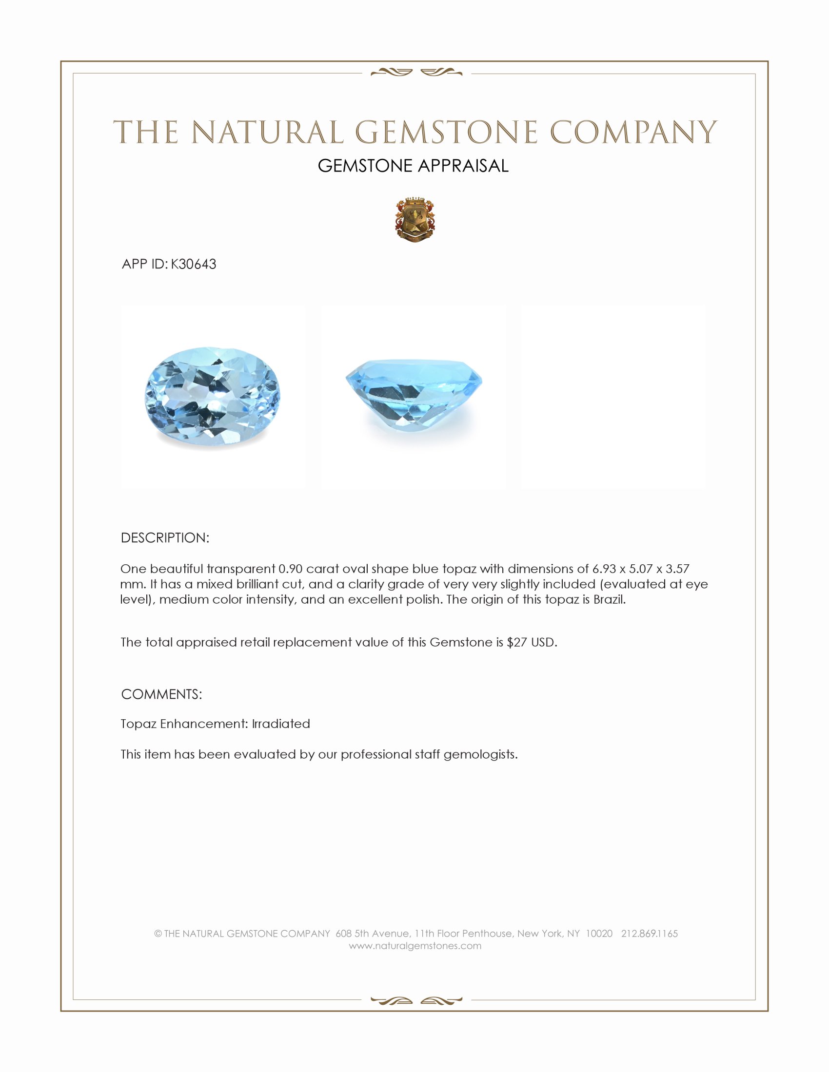 0.90 Ct. Blue Topaz from Brazil
