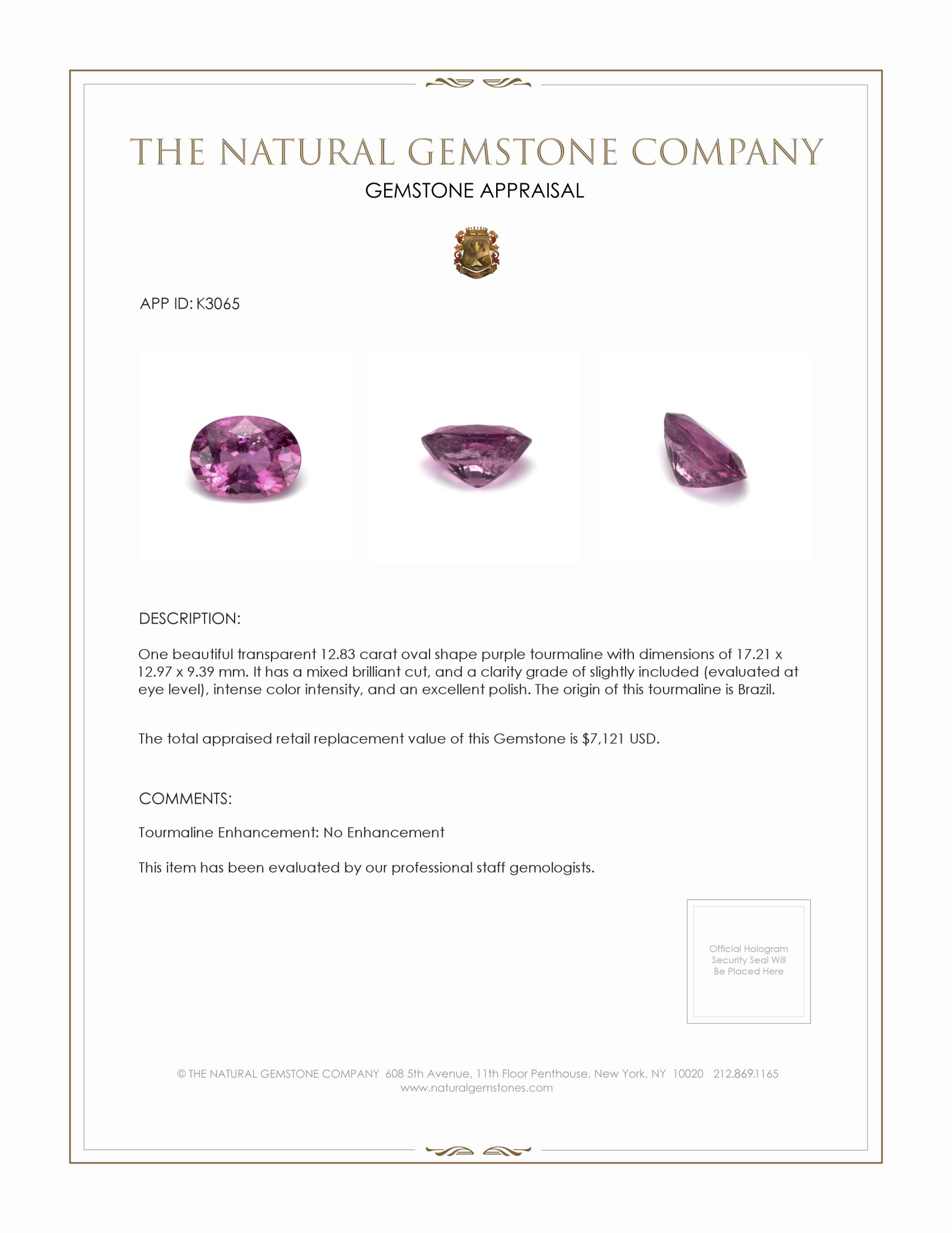 12.83 Ct. Purple Tourmaline from Brazil