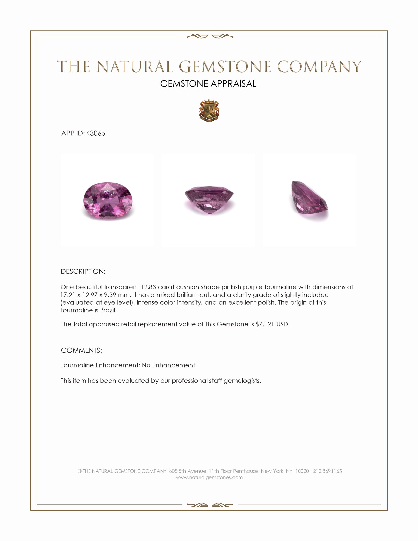12.83 Ct. Pinkish Purple Tourmaline from Brazil
