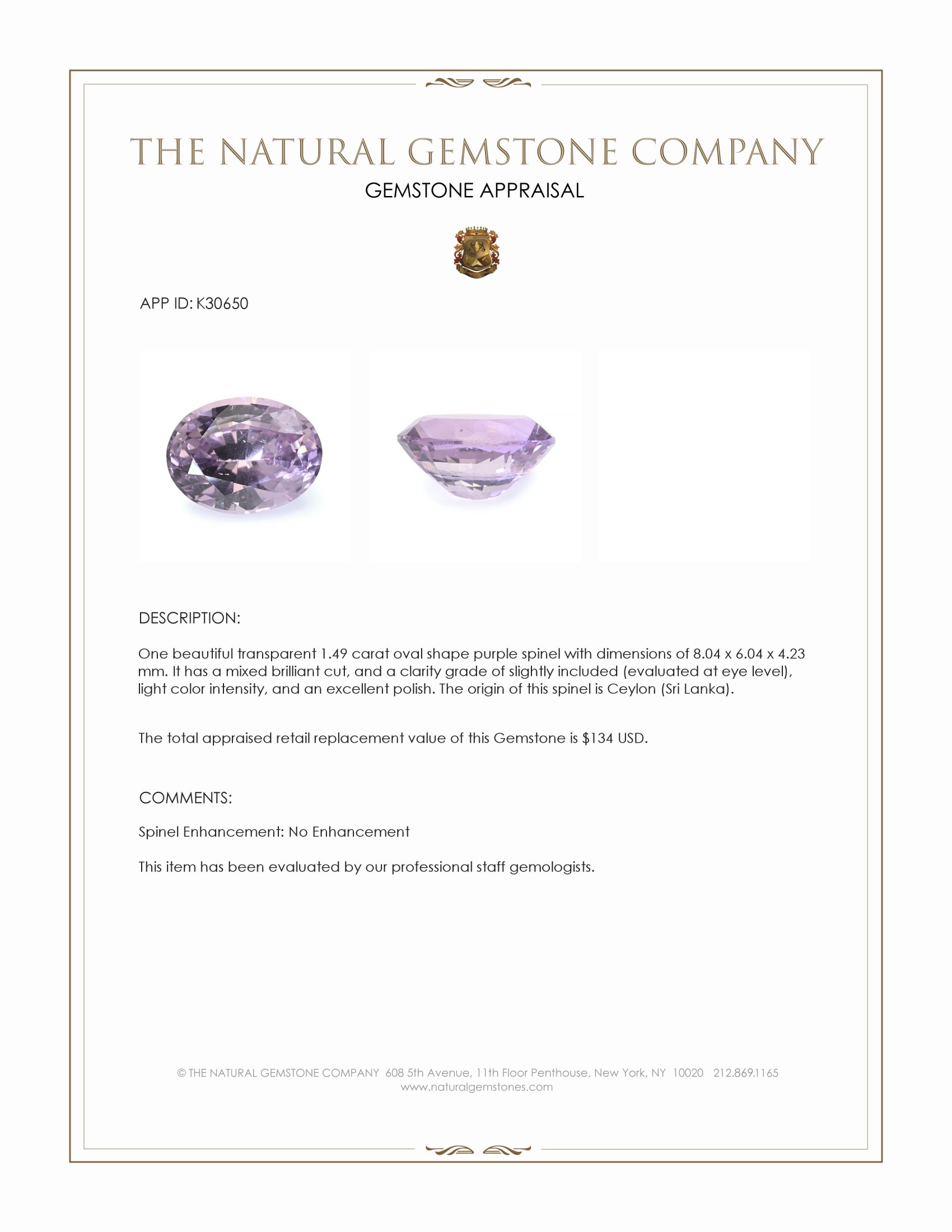 1.49 Ct. Purple Spinel from Ceylon (Sri Lanka)
