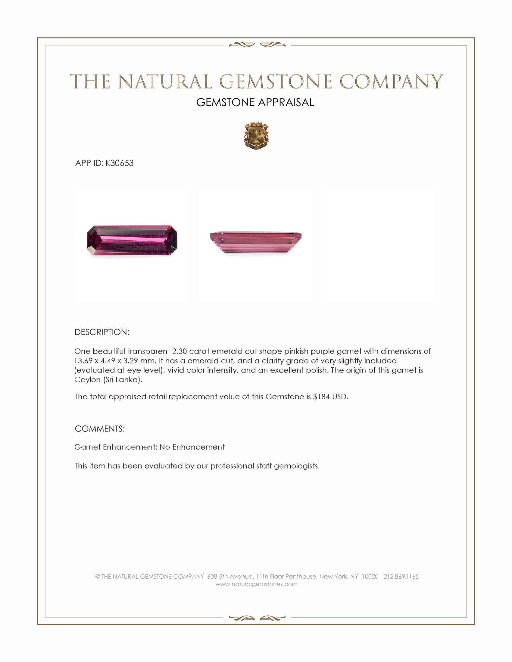 2.30 Ct. Pinkish Purple Garnet from Ceylon (Sri Lanka)