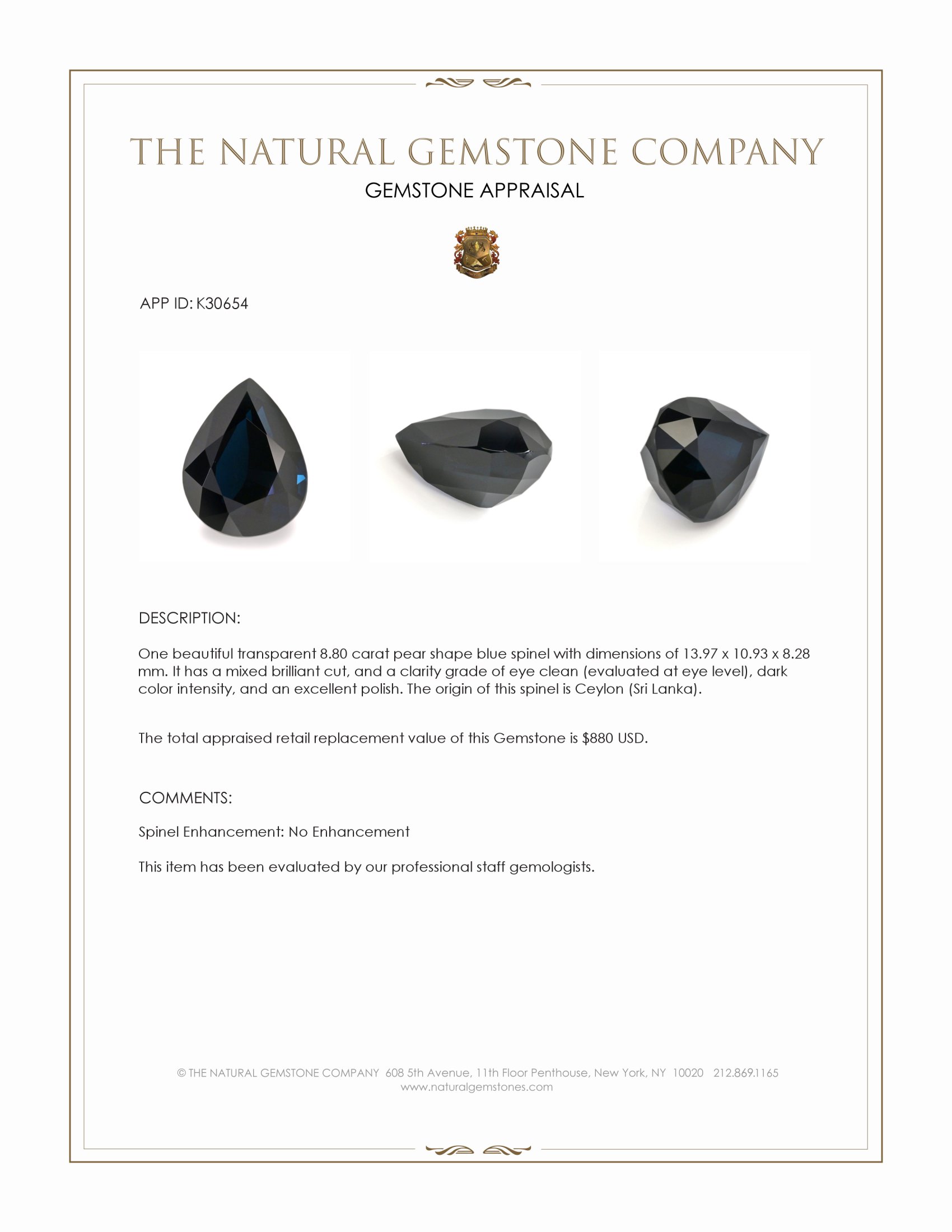 8.80 Ct. Blue Spinel from Ceylon (Sri Lanka)