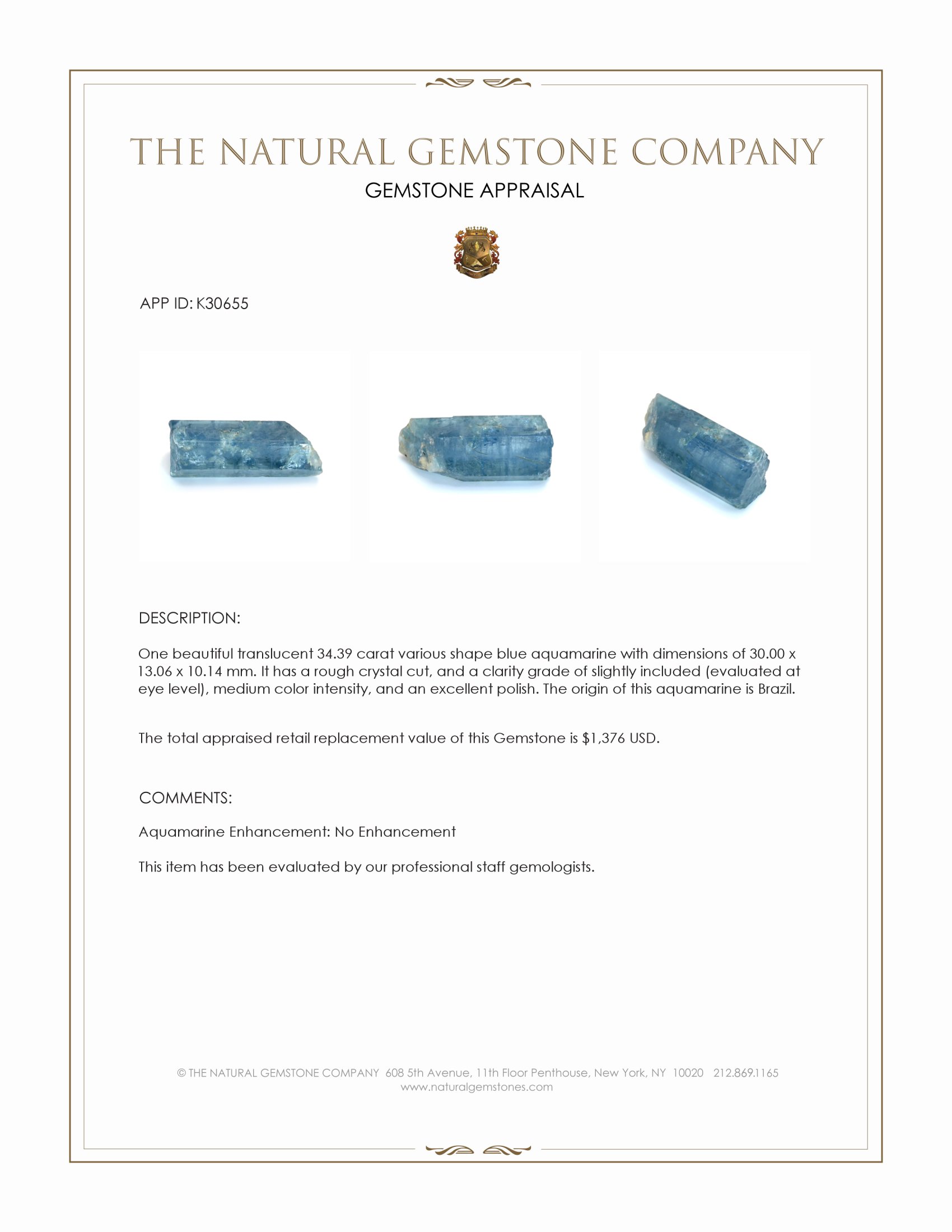 34.39 Ct. Blue Aquamarine from Brazil