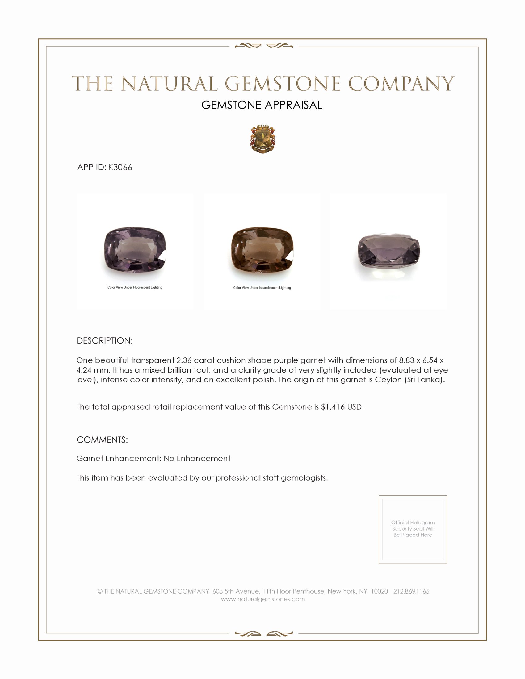 2.36 Ct. Garnet from Ceylon (Sri Lanka)