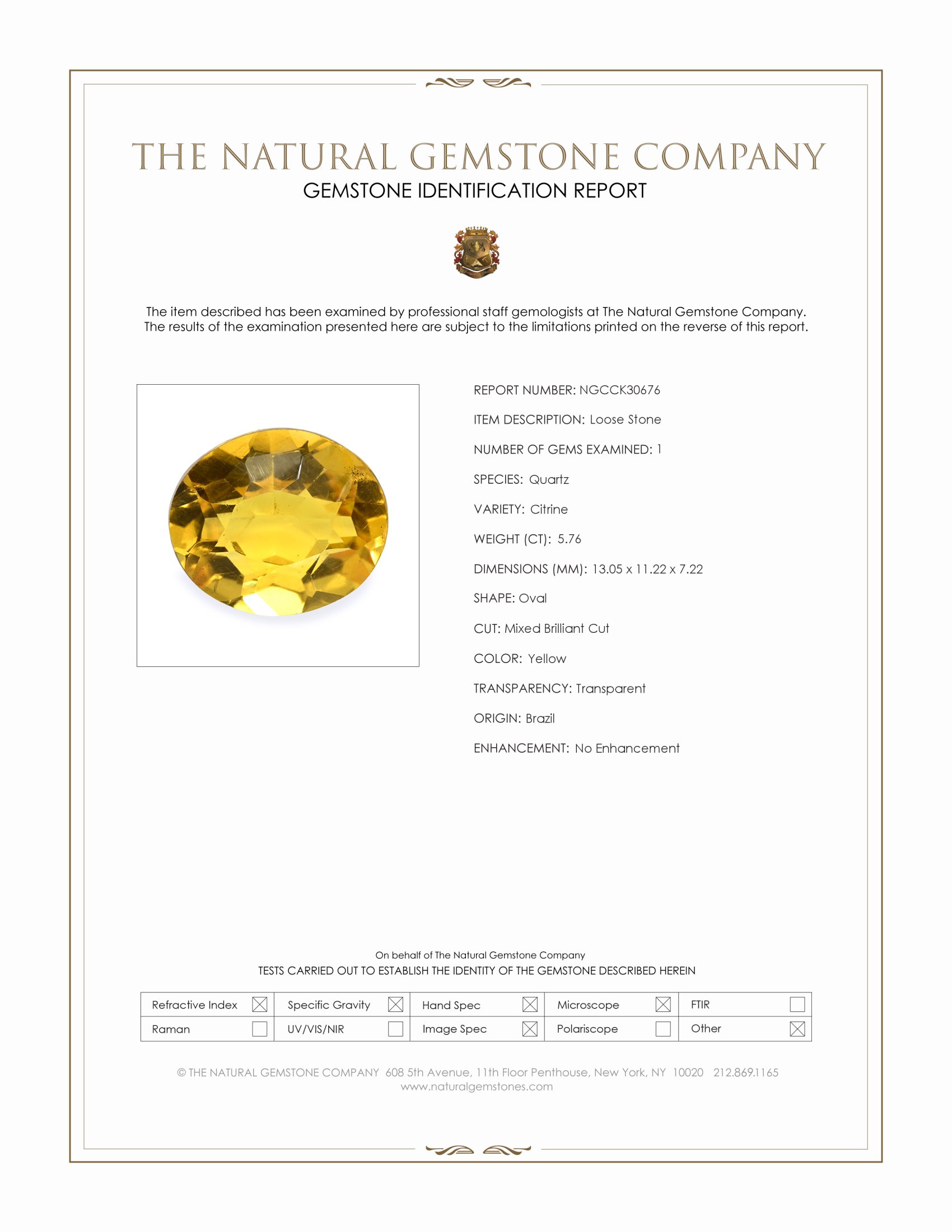 5.76 Ct. Yellow Citrine from Brazil