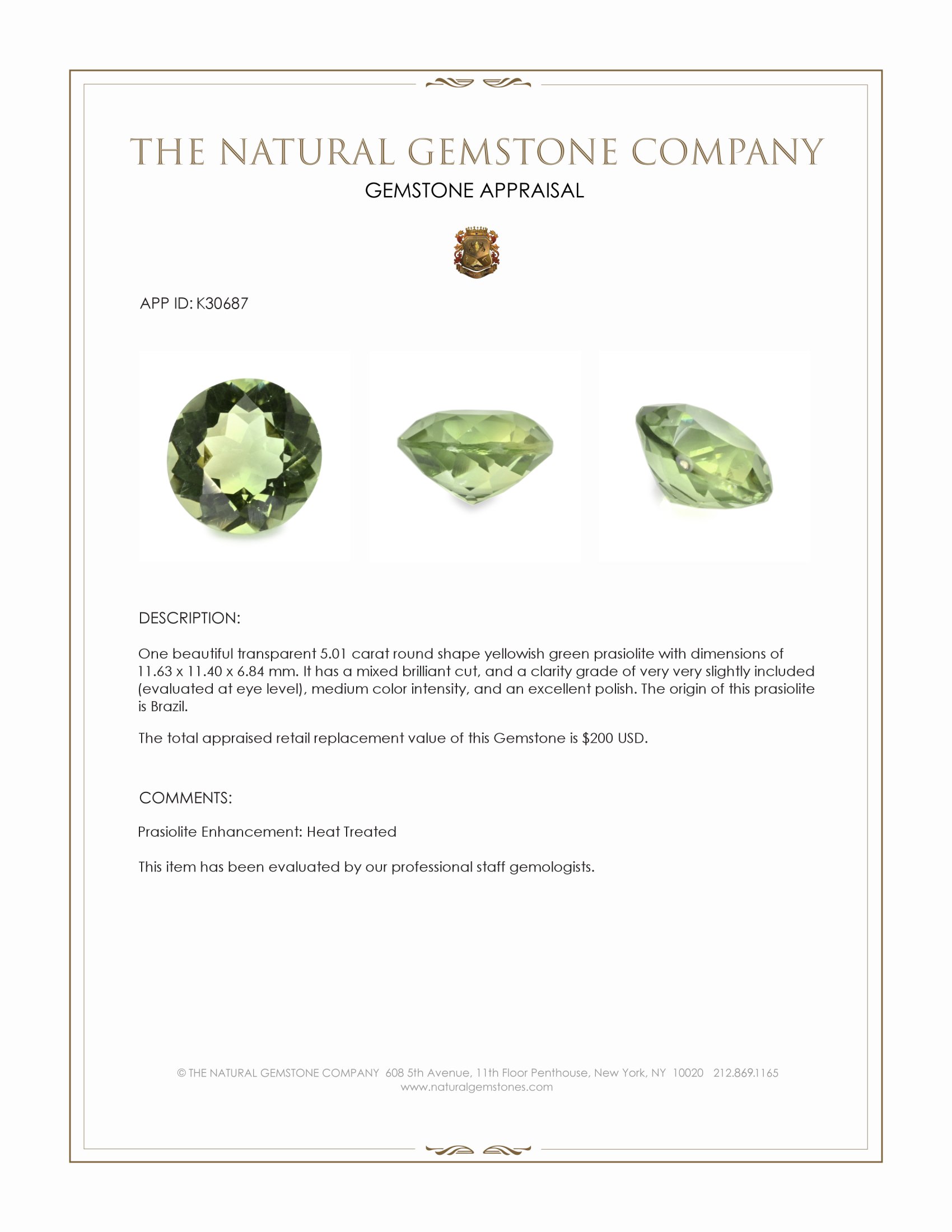 5.01 Ct. Yellowish Green Prasiolite from Brazil
