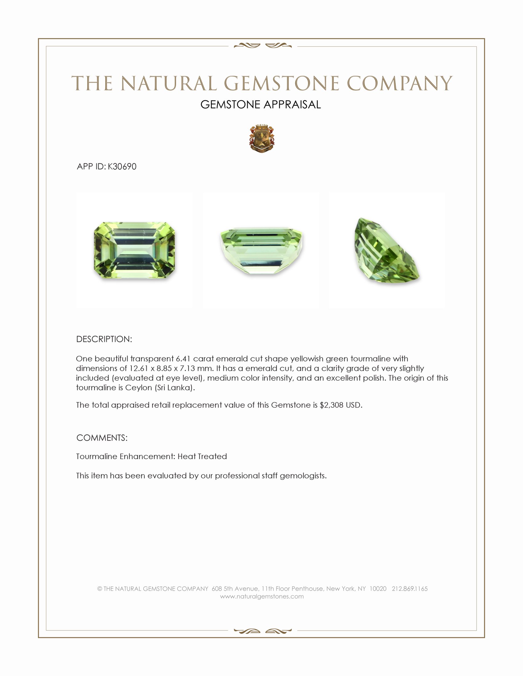 6.41 Ct. Yellowish Green Tourmaline from Ceylon (Sri Lanka)