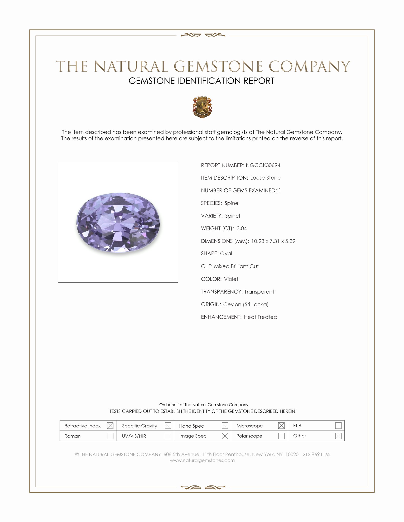 3.04 Ct. Violet Spinel from Ceylon (Sri Lanka)