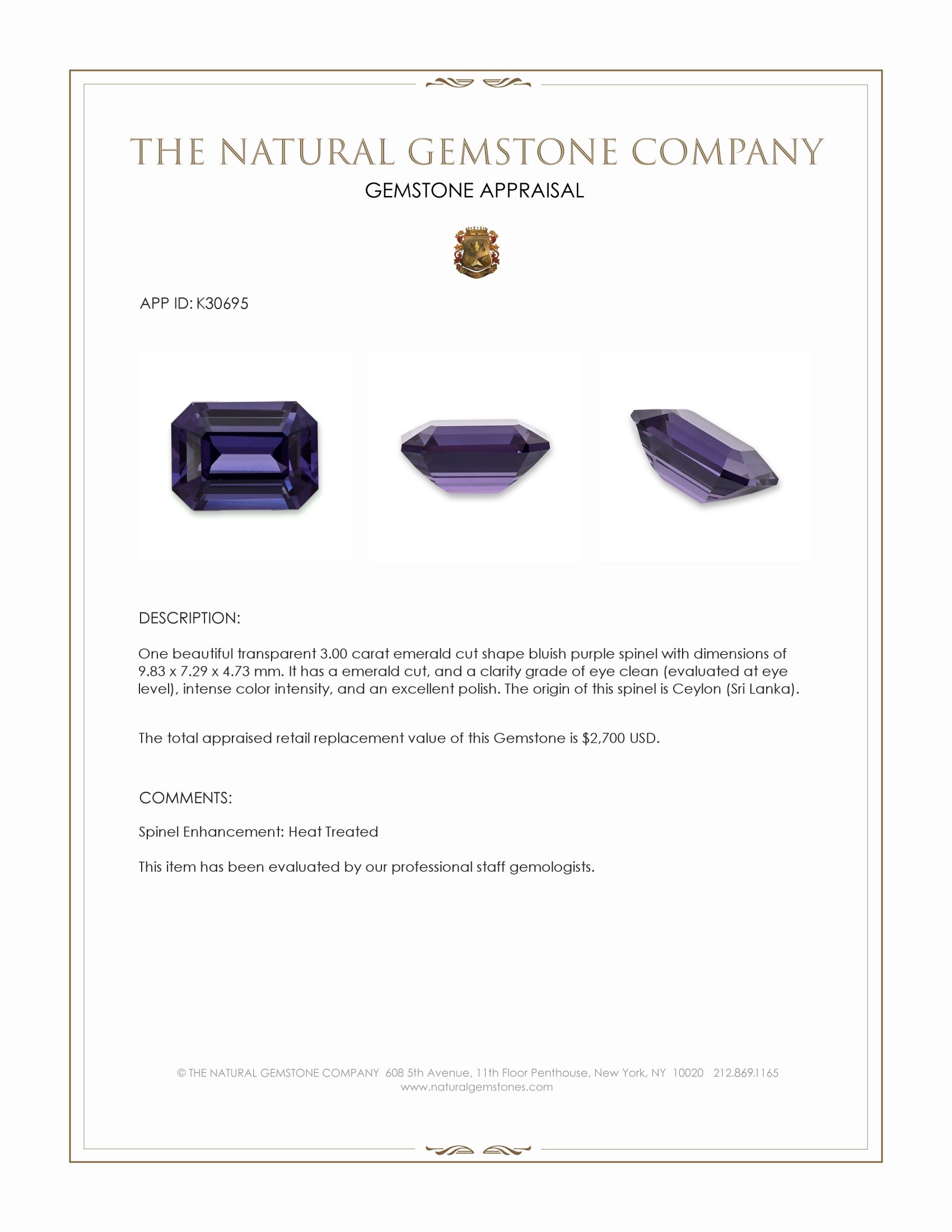 3.00 Ct. Bluish Purple Spinel from Ceylon (Sri Lanka)