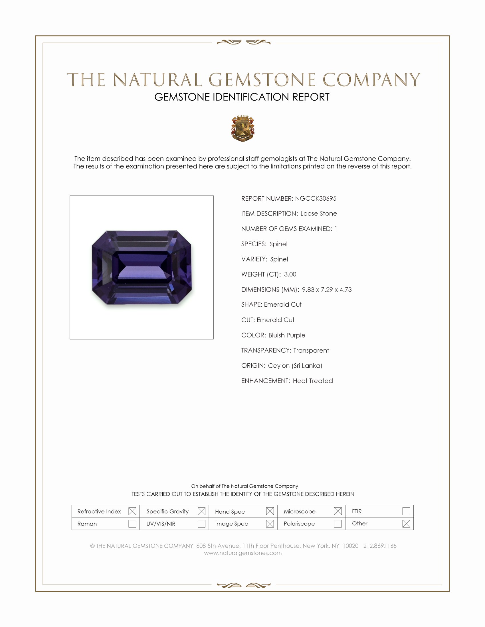 3.00 Ct. Bluish Purple Spinel from Ceylon (Sri Lanka)