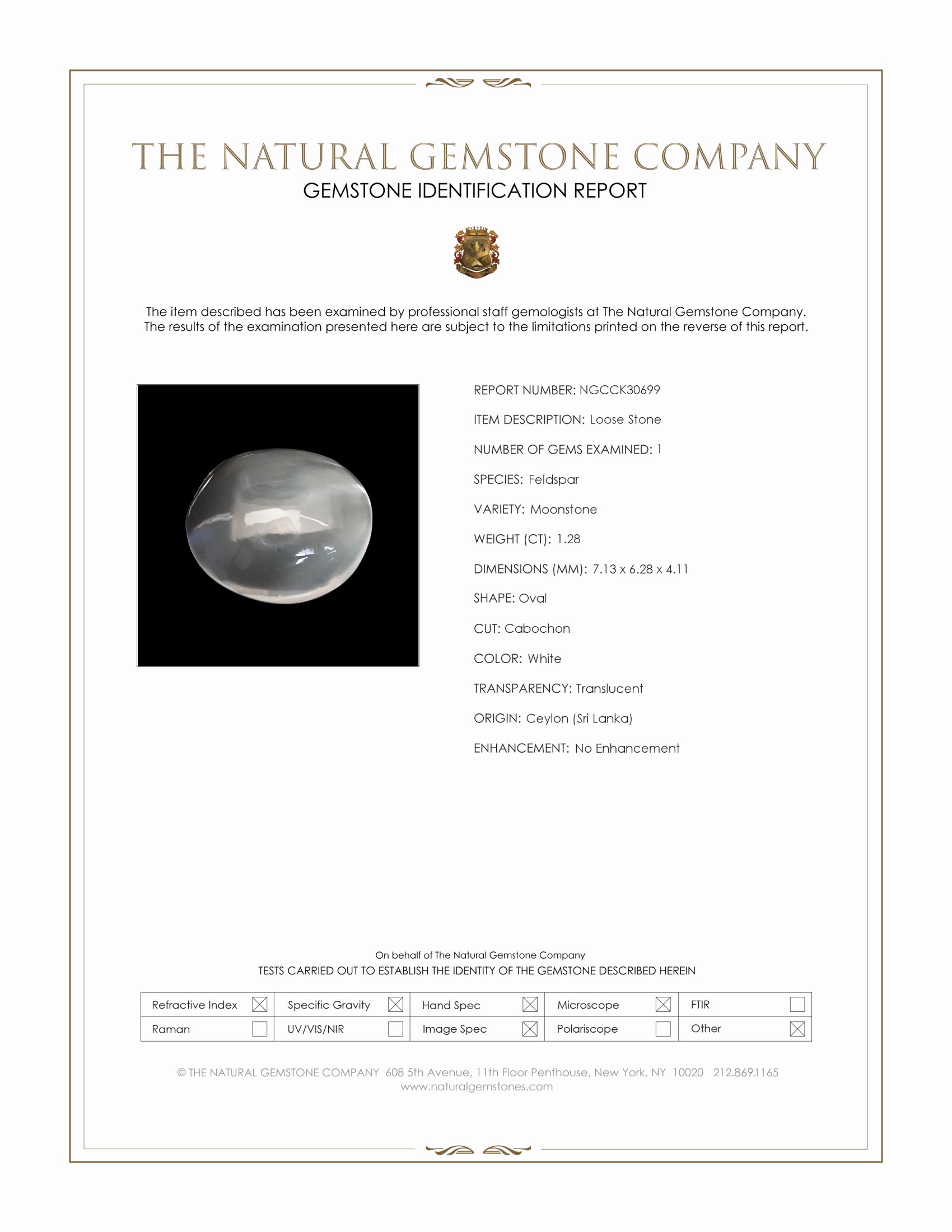 1.28 Ct. White Cabochon Moonstone from Ceylon (Sri Lanka)