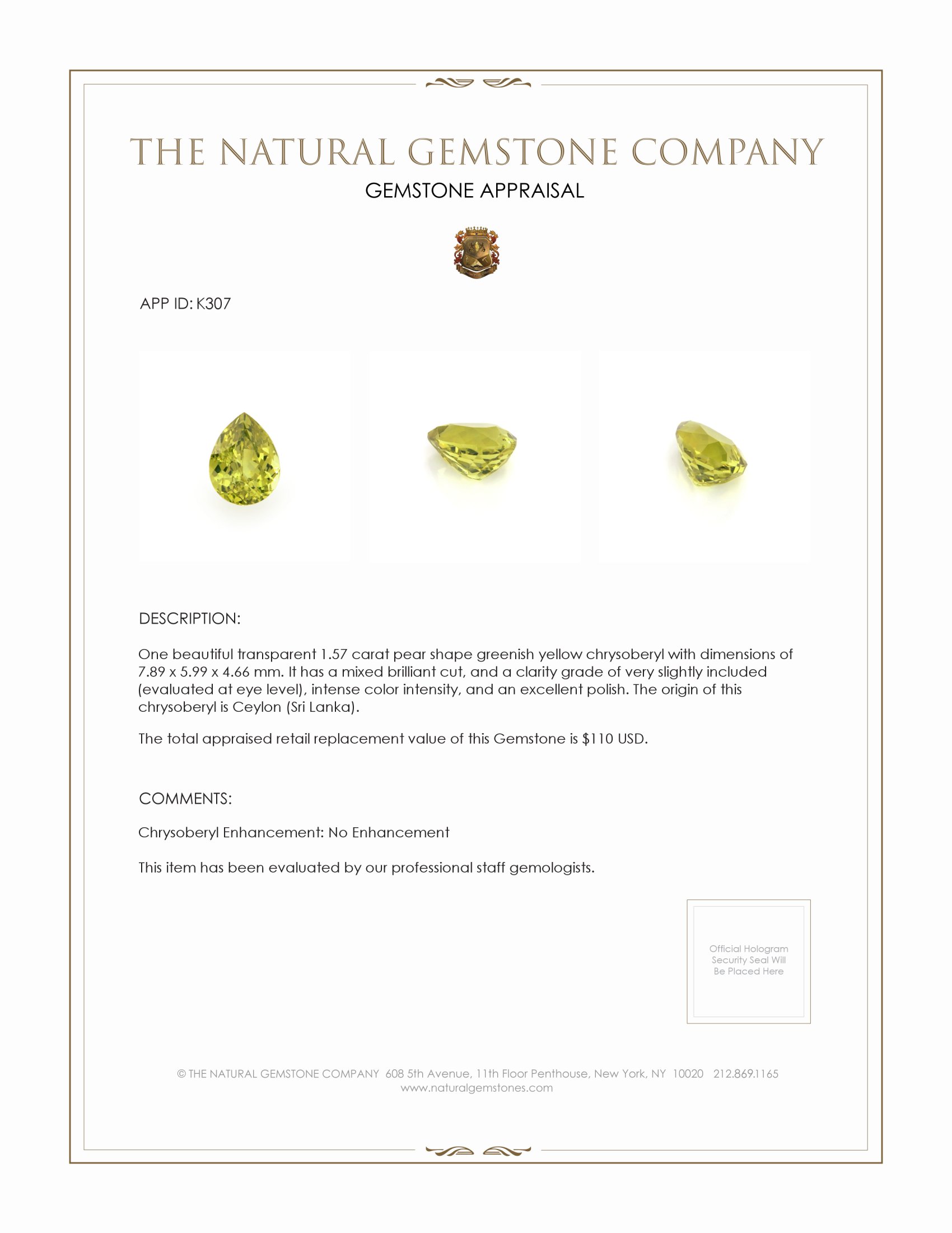 1.57 Ct. Chrysoberyl from Ceylon (Sri Lanka)