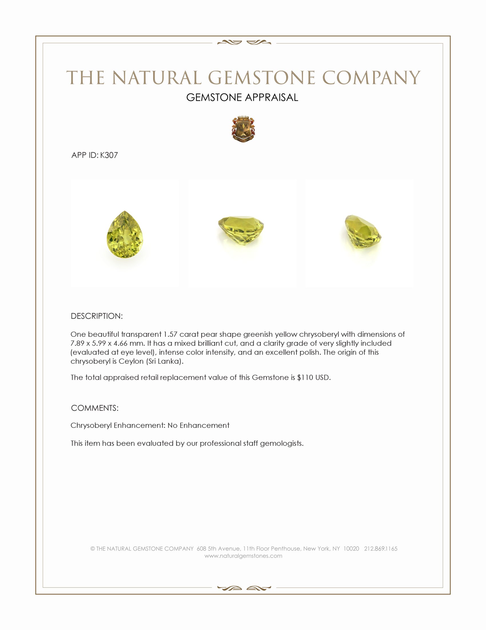 1.57 Ct. Chrysoberyl from Ceylon (Sri Lanka)