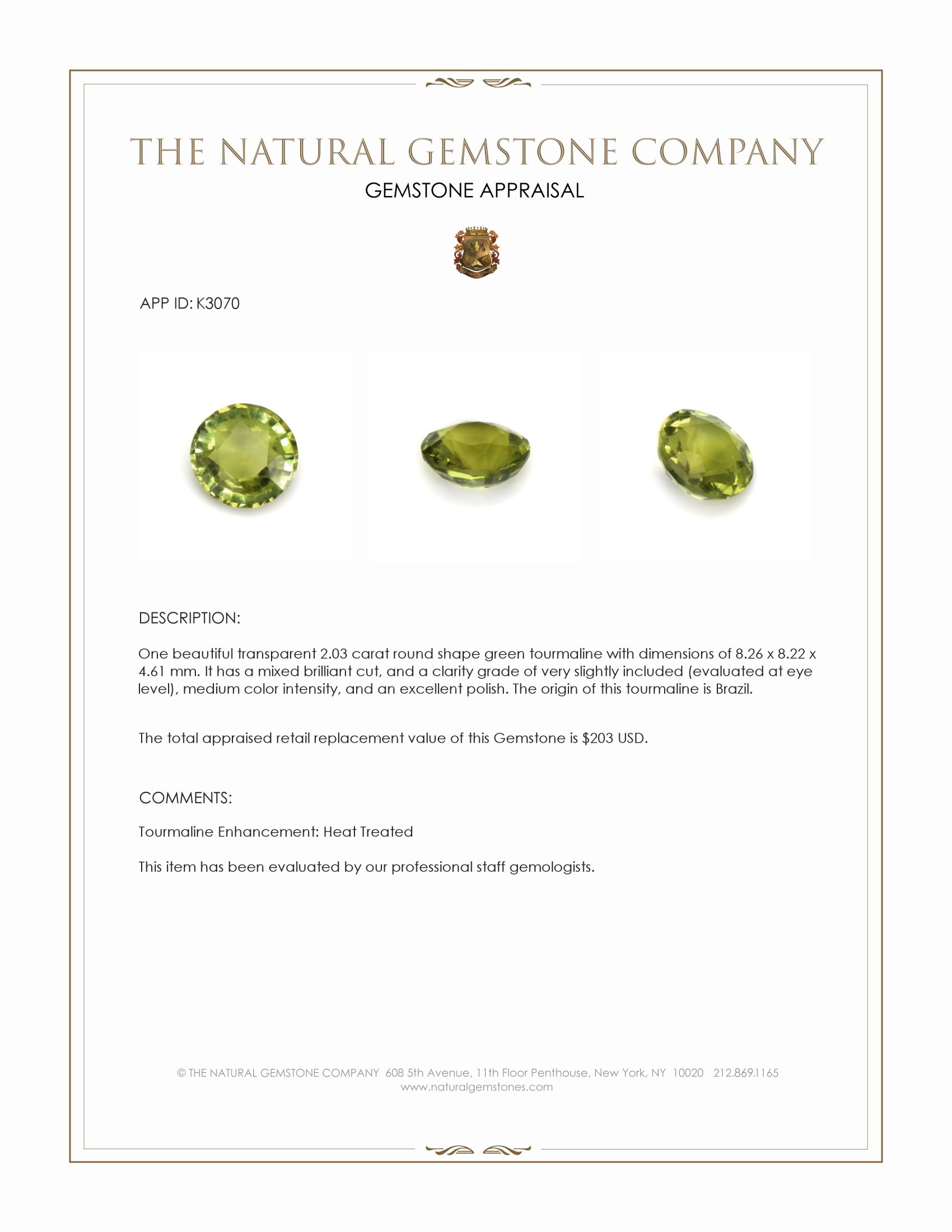 2.03 Ct. Green Tourmaline from Brazil
